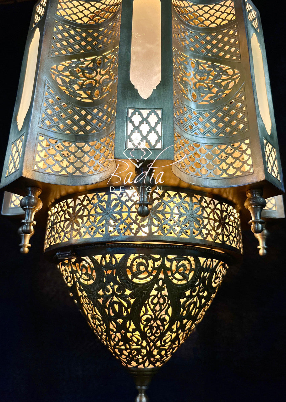 Handcrafted Brass Chandelier with White Glass Panels