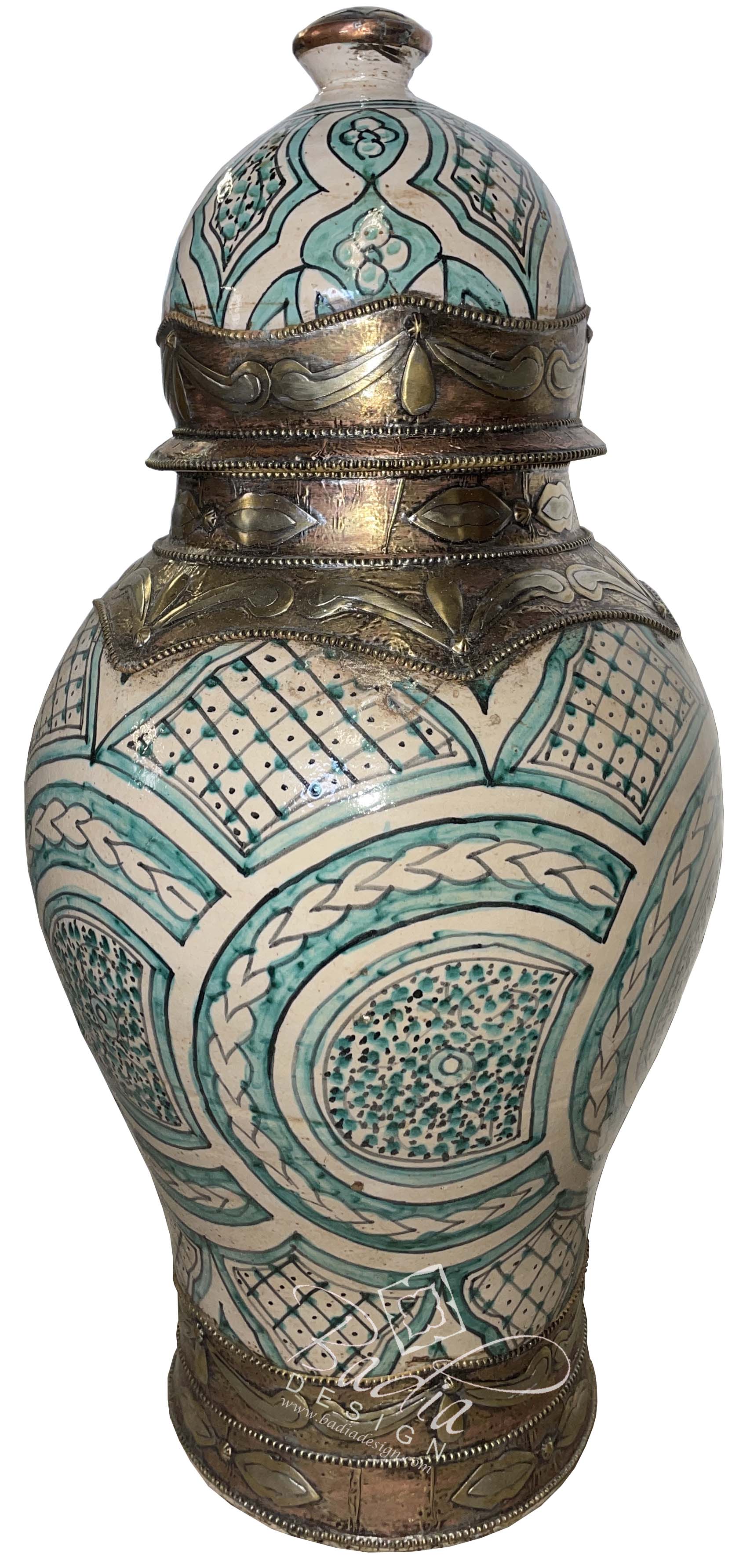 Modern Moroccan Teal Green Metal and Ceramic Urn