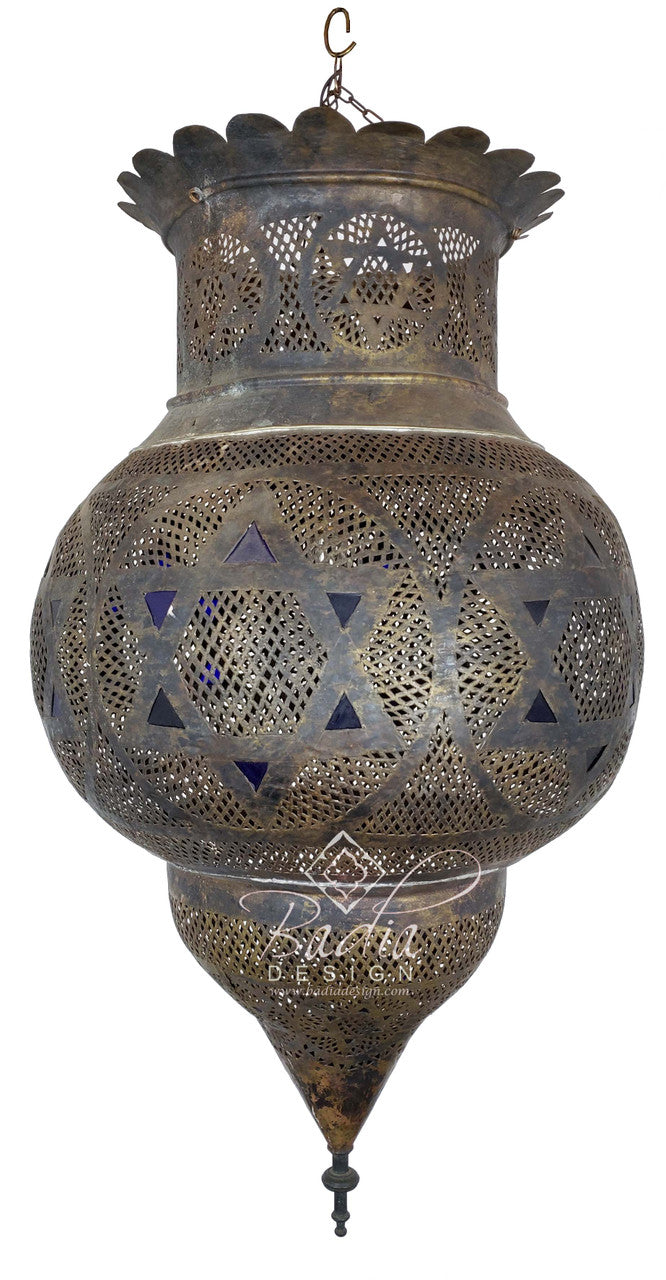 Aged Brass Chandelier with Blue Glass Eyelets