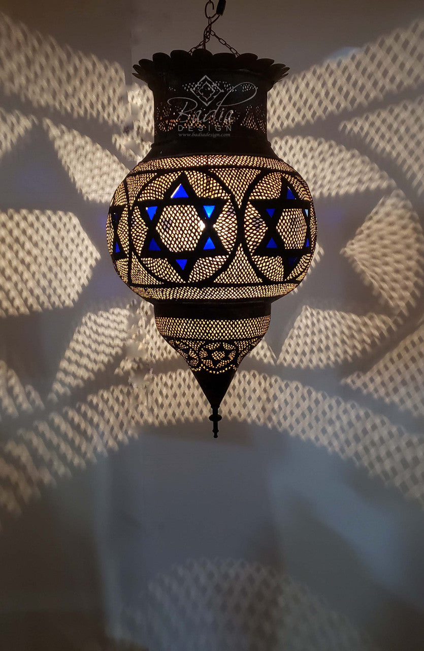 Aged Brass Chandelier with Blue Glass Eyelets