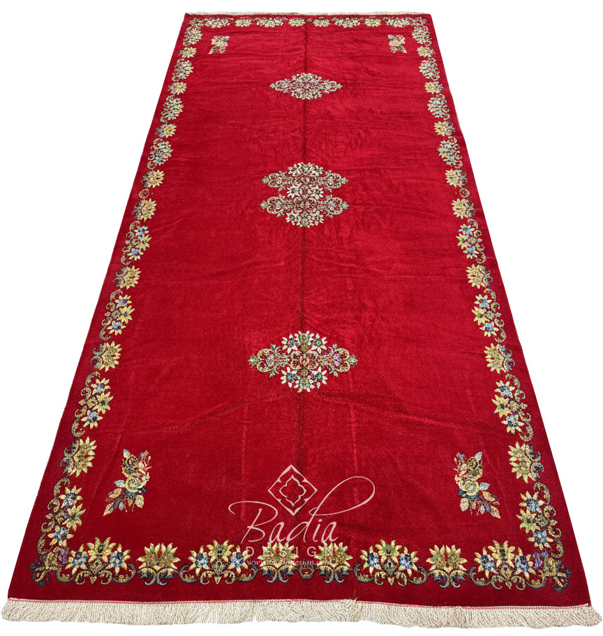 Red Runner Rug with Multicolor Geometric Designs