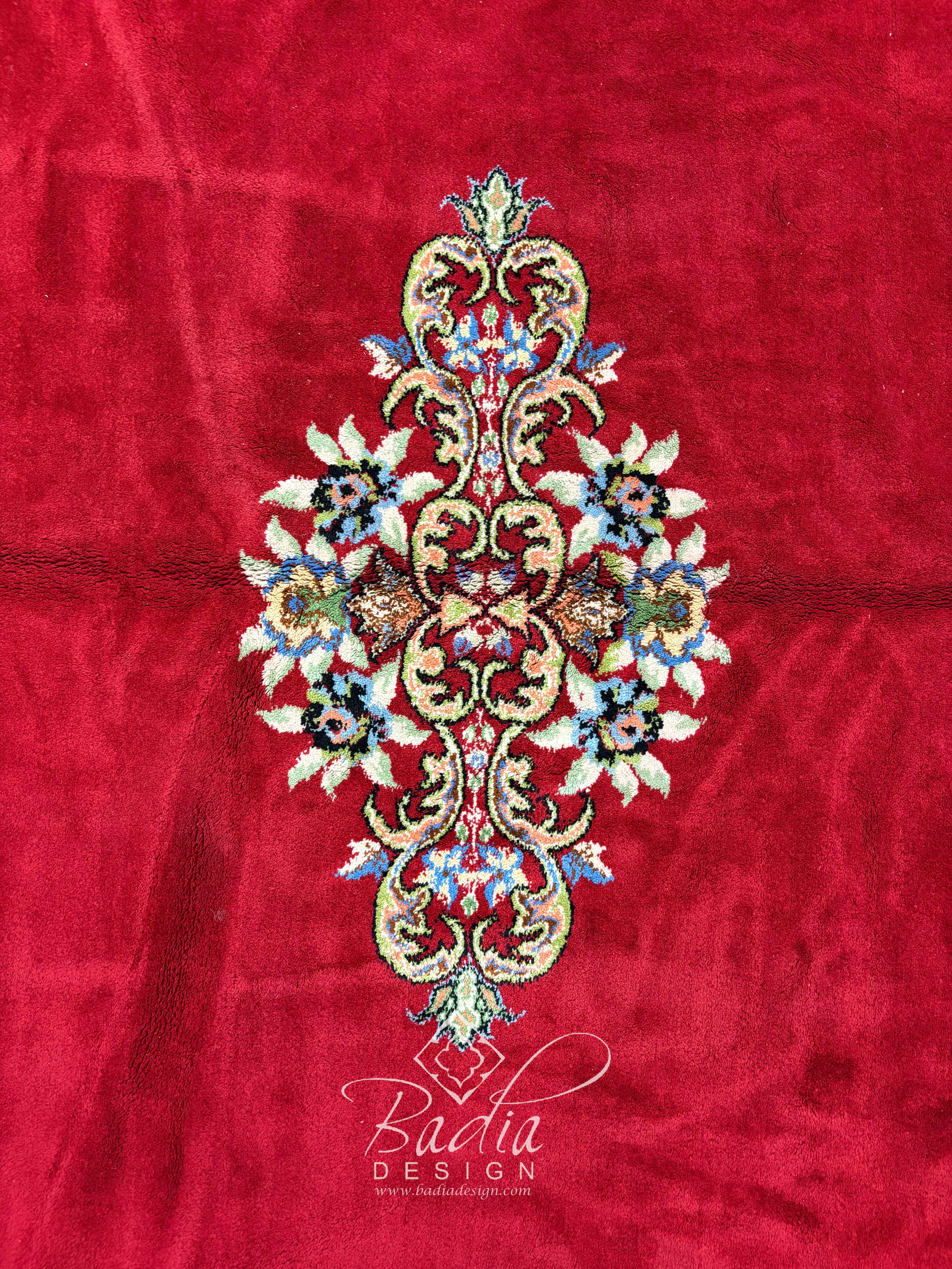 Red Runner Rug with Multicolor Geometric Designs