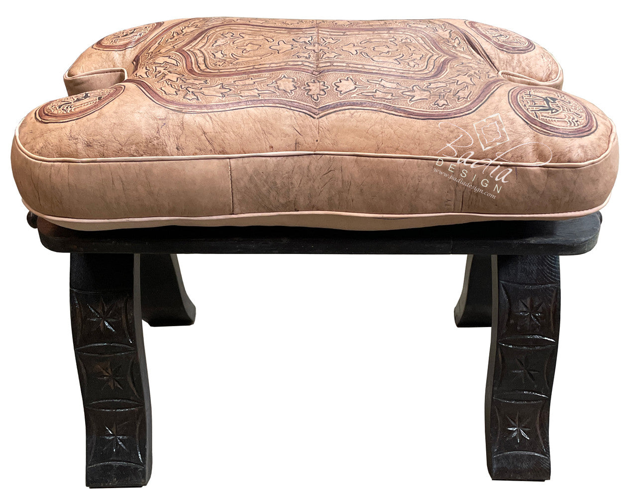Beige Leather Ottoman with Carved Wood Base