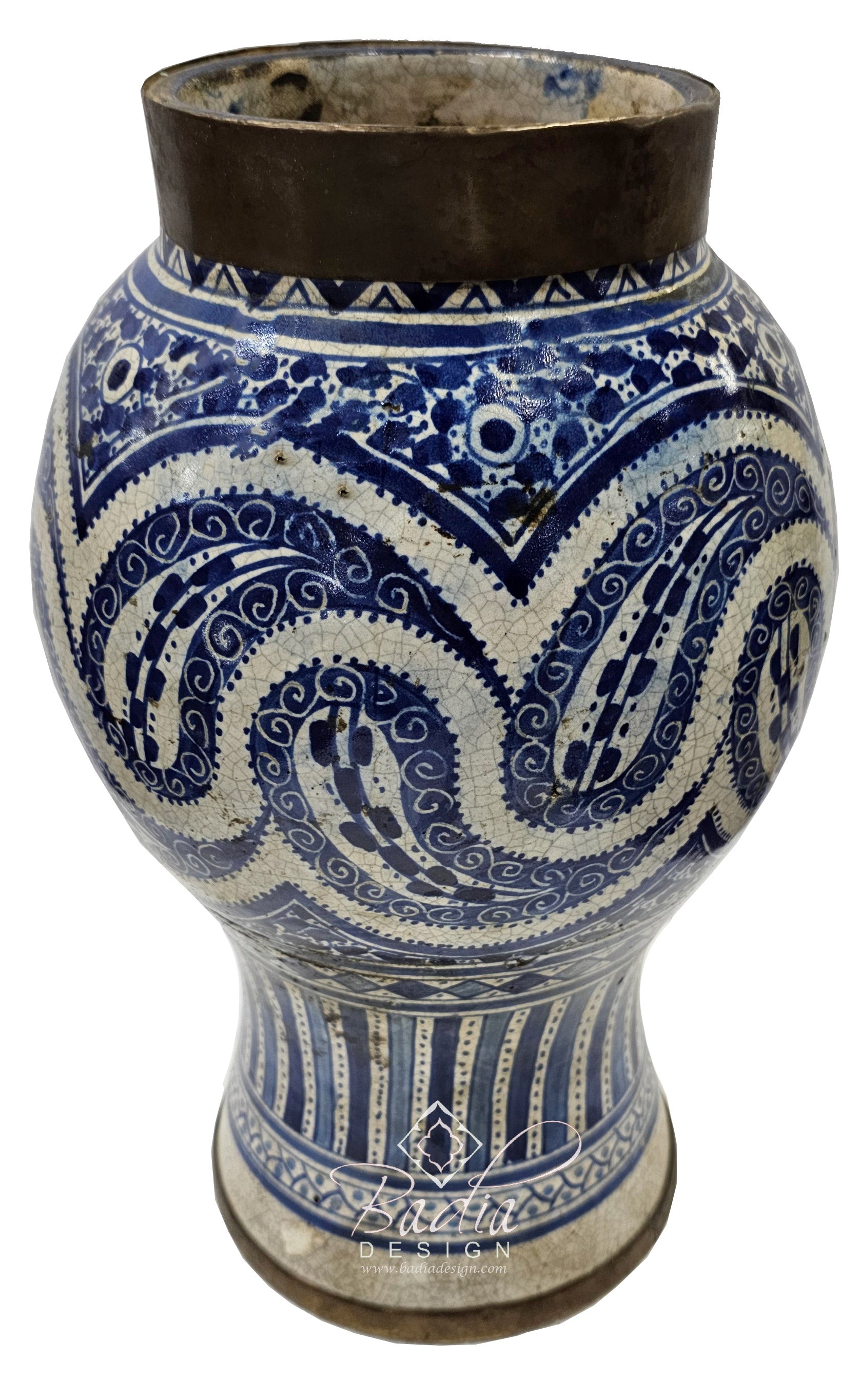 Moroccan Blue and White Metal and Ceramic Urn
