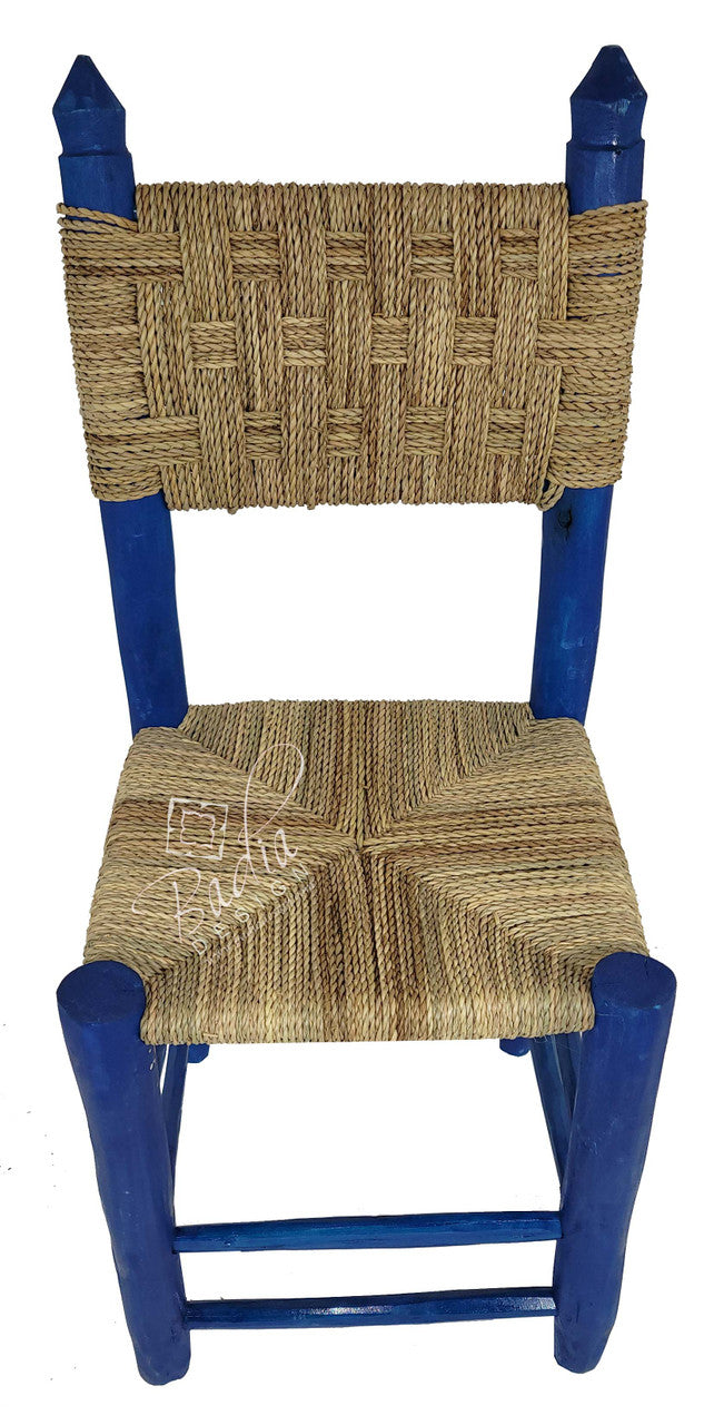 Blue Hand Carved Raffia Seat Chair