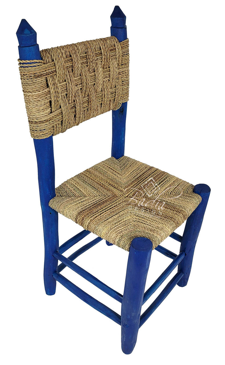 Blue Hand Carved Raffia Seat Chair