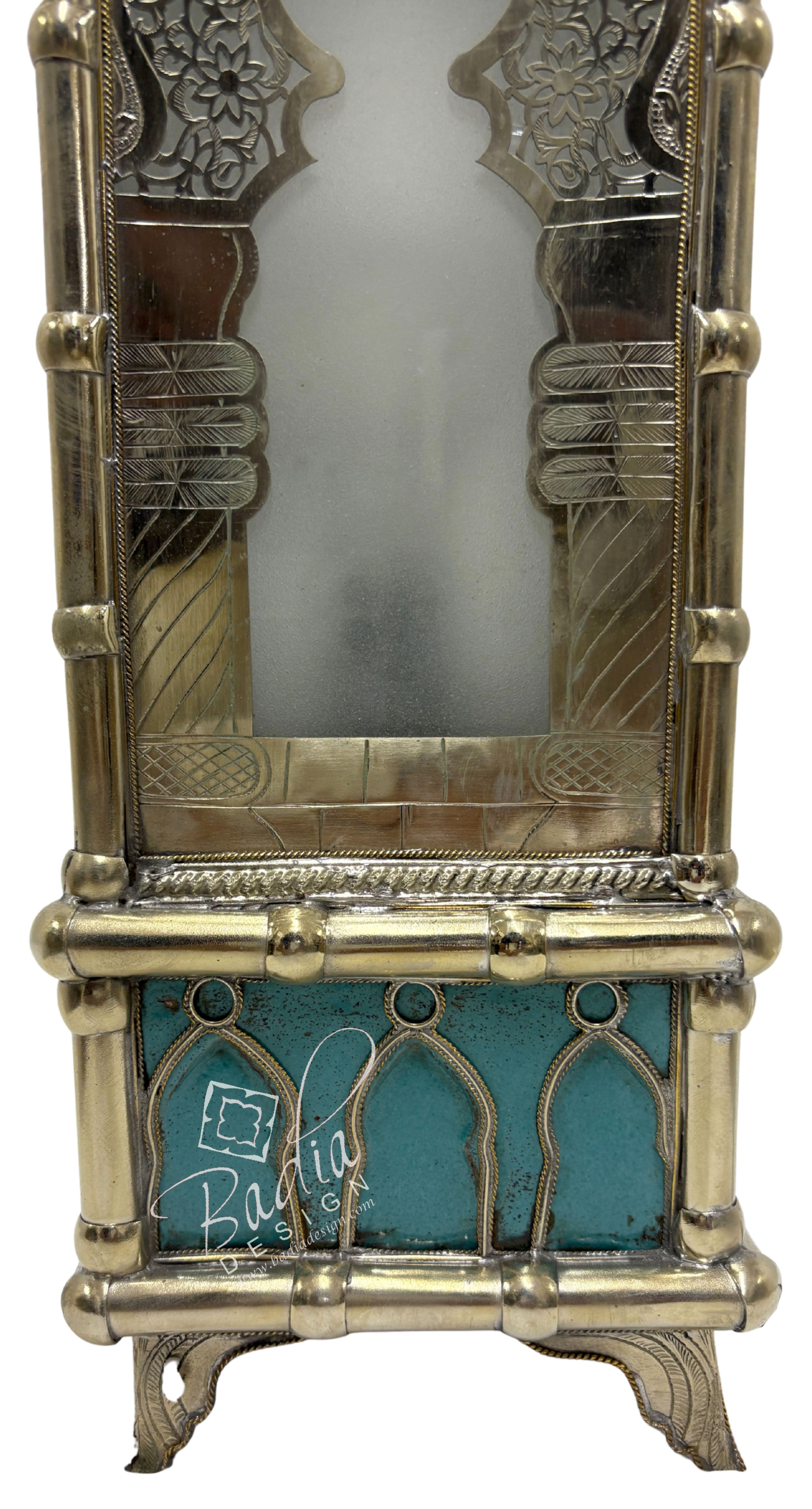 Tall Brass Floor Lantern with Teal Ceramic Decor