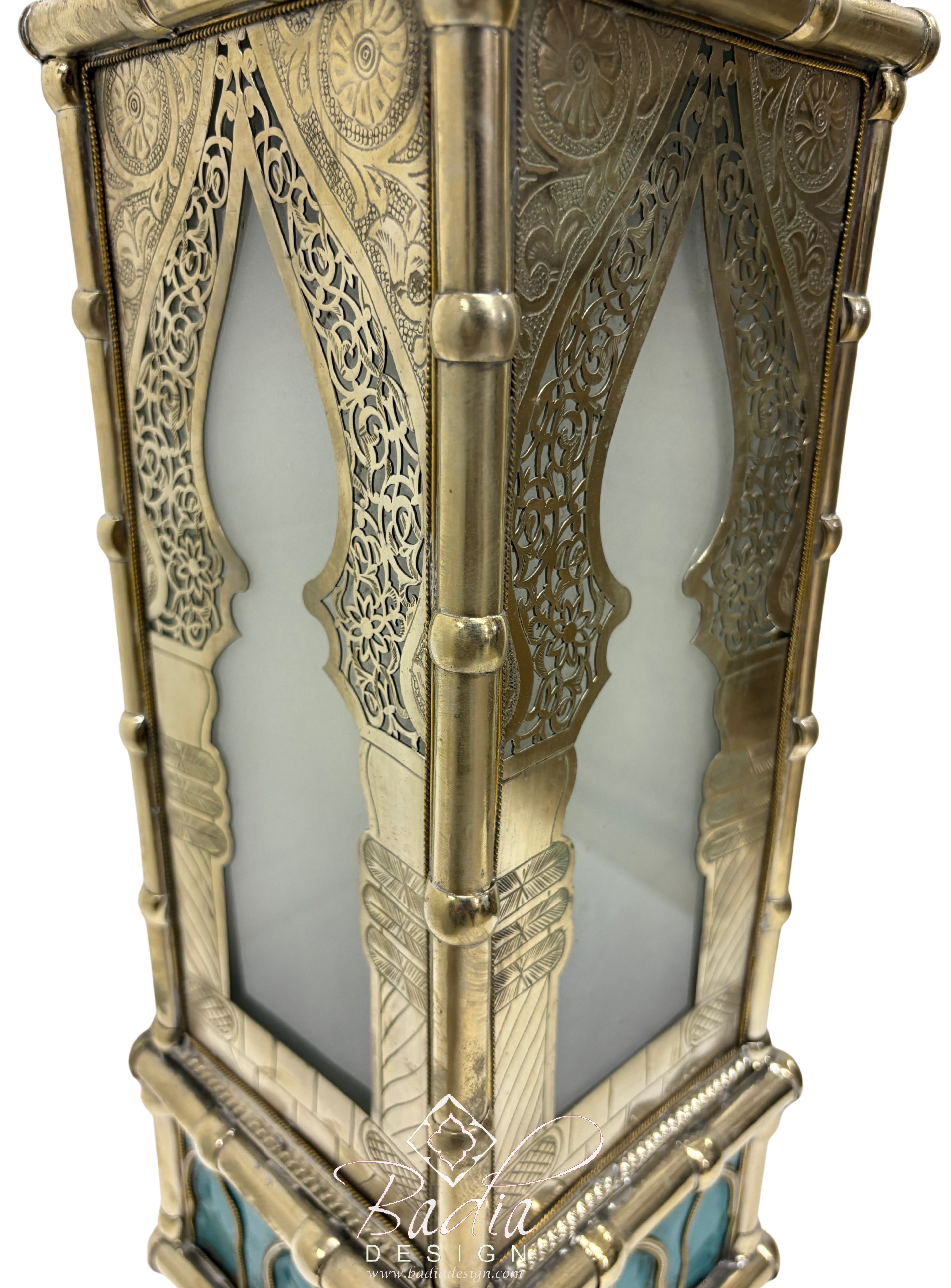 Tall Brass Floor Lantern with Teal Ceramic Decor
