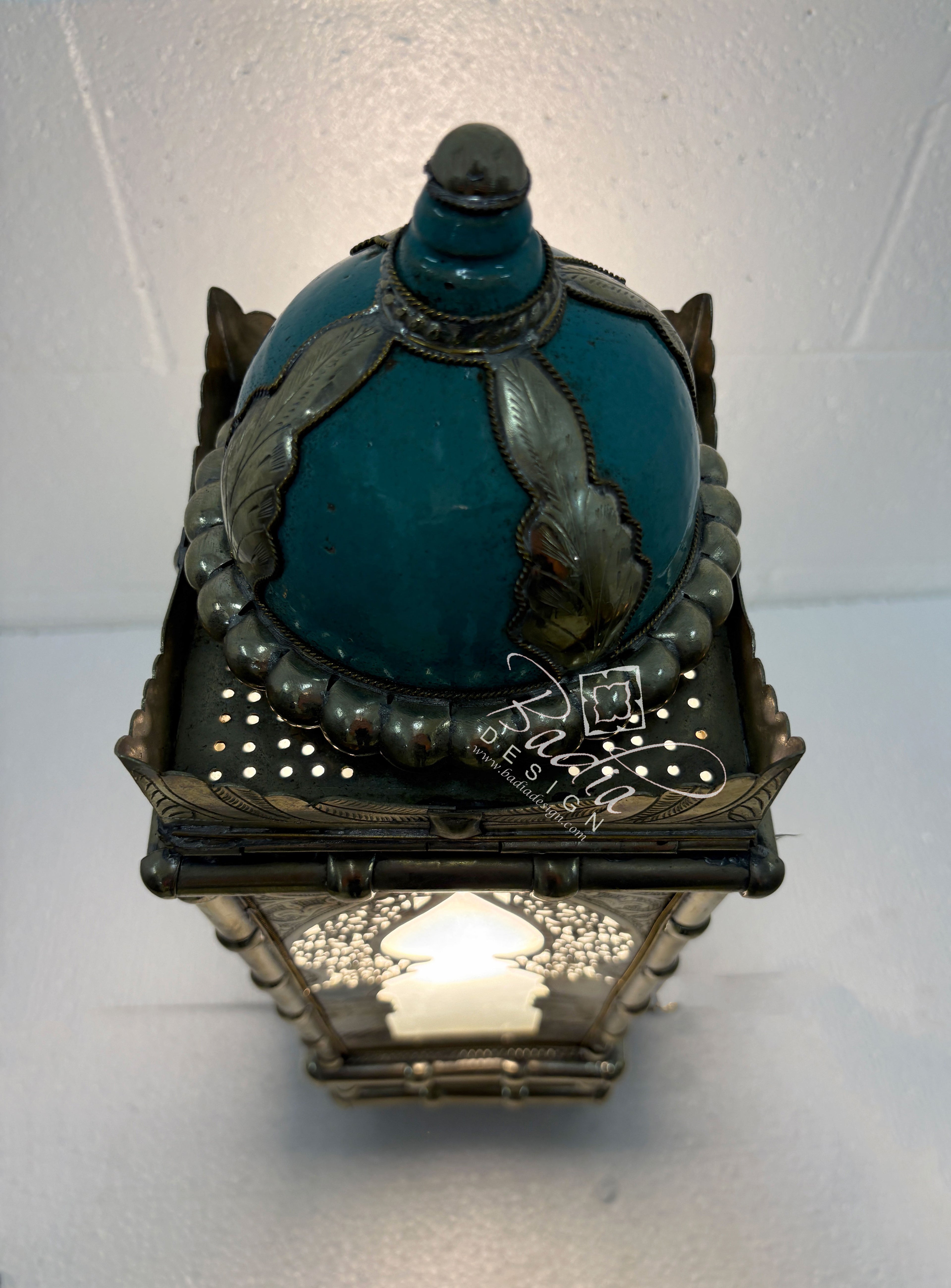 Tall Brass Floor Lantern with Teal Ceramic Decor