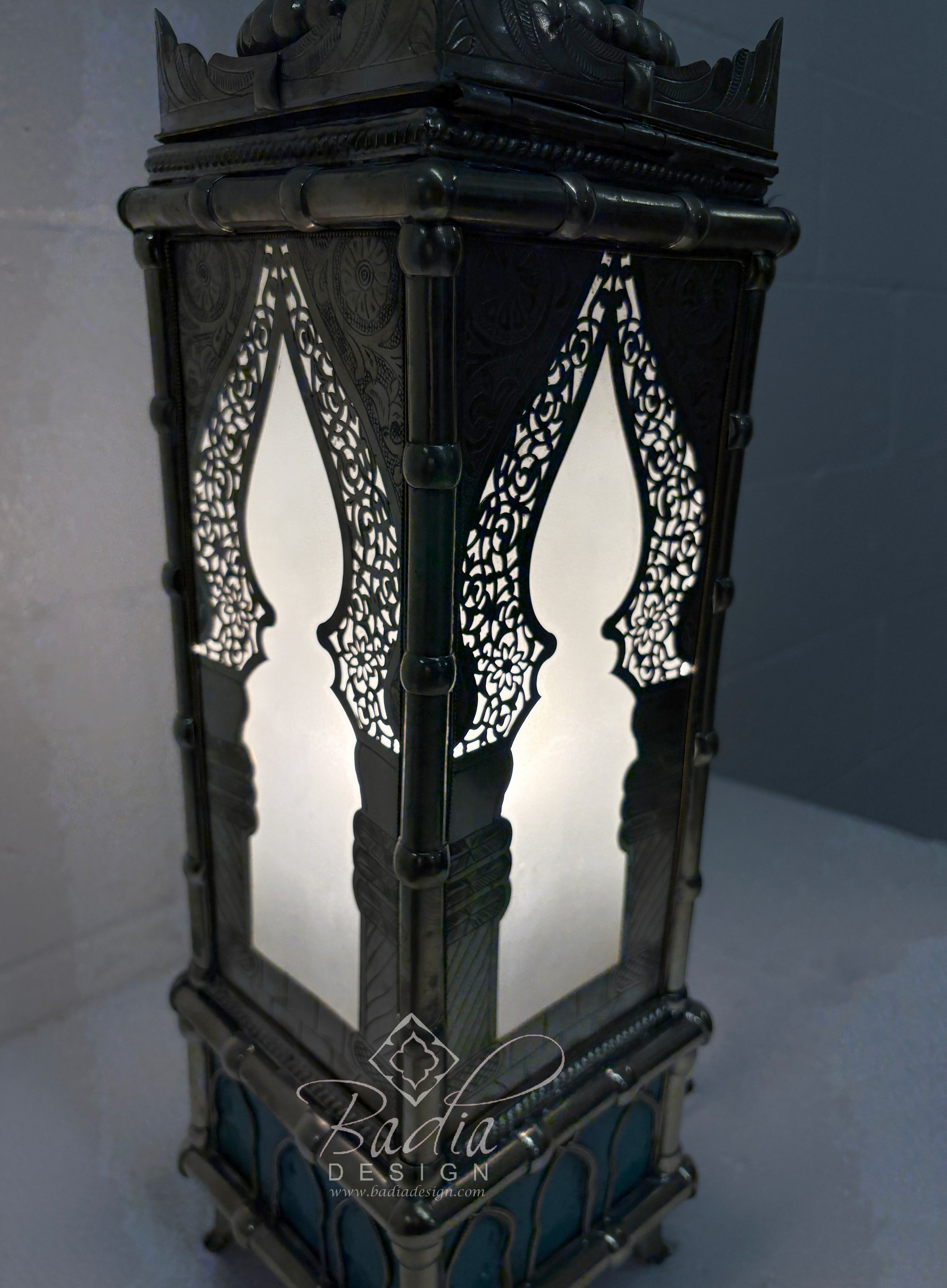 Tall Brass Floor Lantern with Teal Ceramic Decor