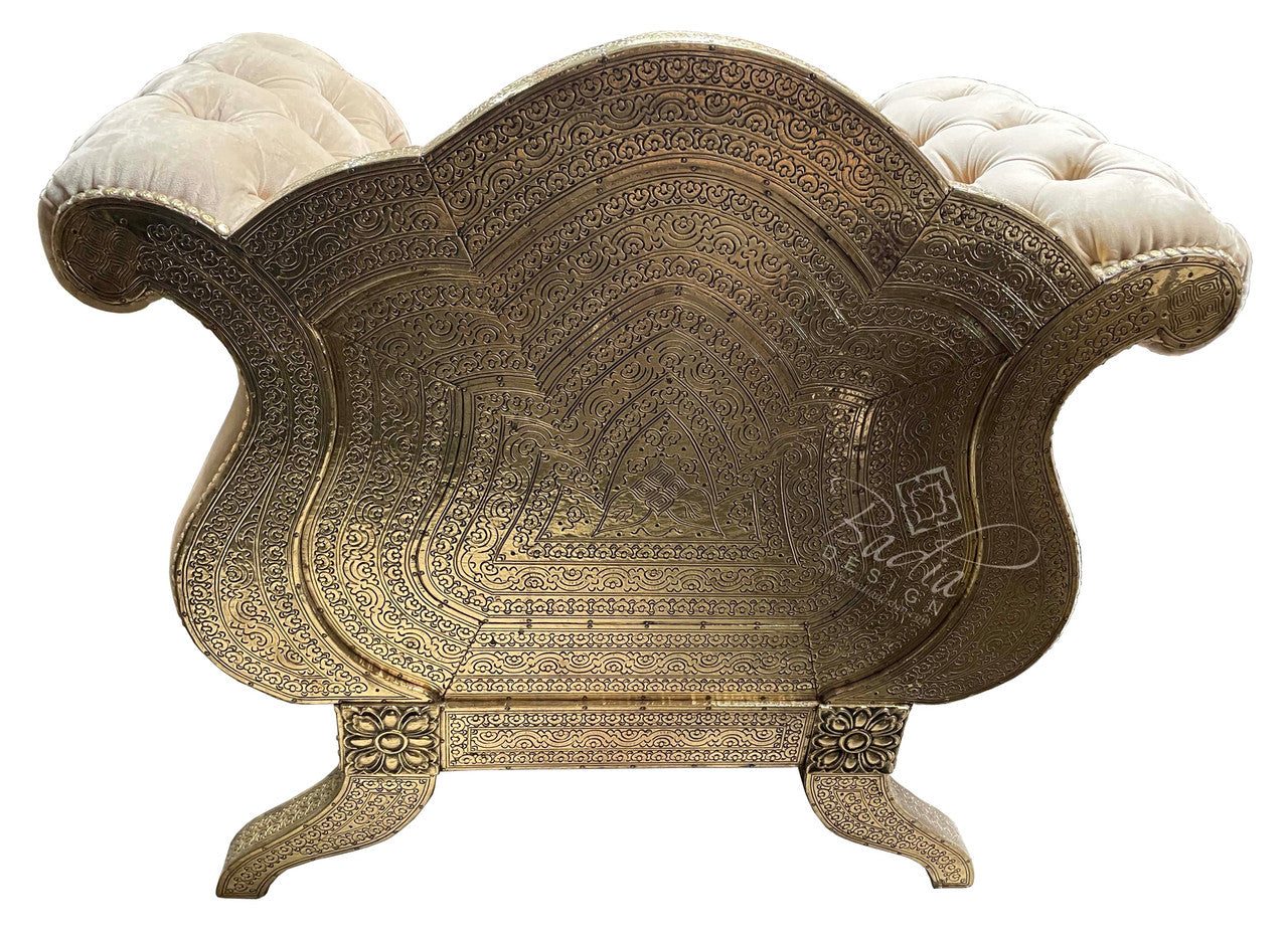 Hand Carved Embossed Brass Chair with Fabric Seat