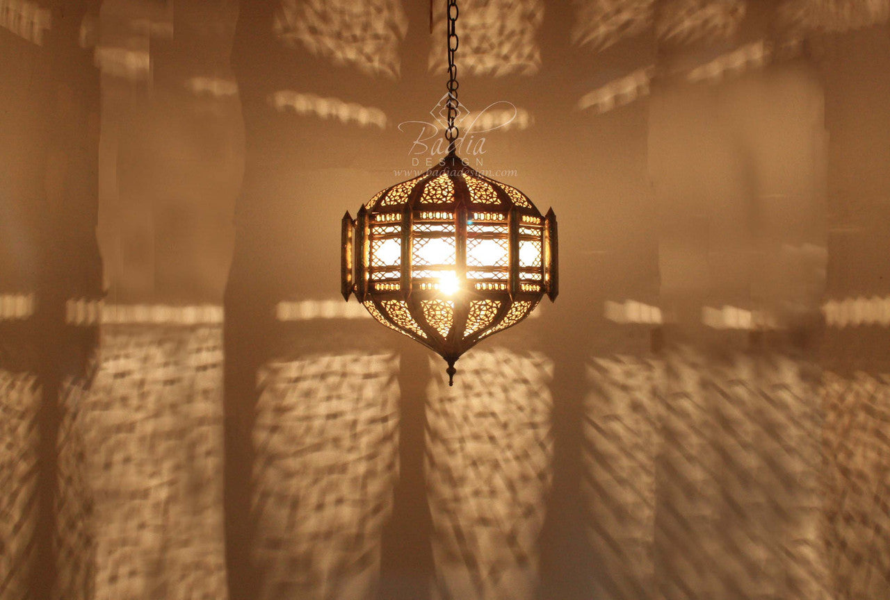 Moroccan Brass Chandelier with Frosted Glass