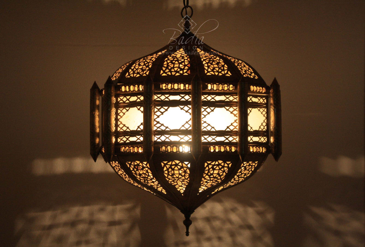 Moroccan Brass Chandelier with Frosted Glass