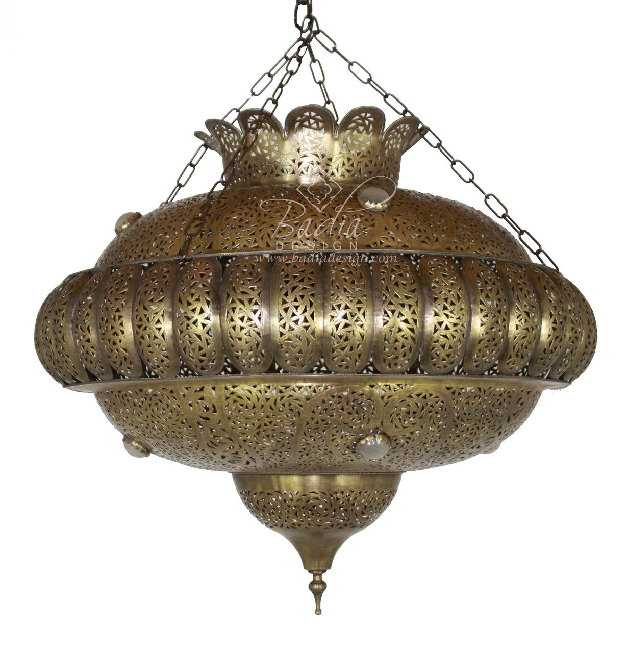 Hand Punched Brass Chandelier with White Glass Eyelets