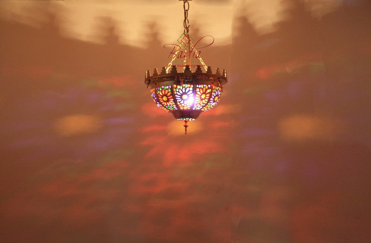 Brass Lantern with Multi Color Glass