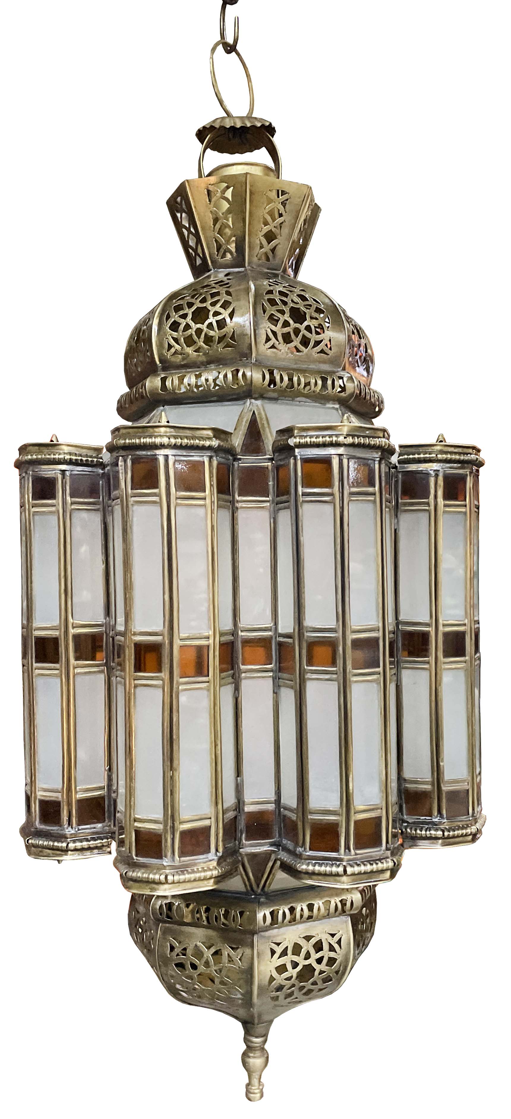 Hanging Brass Lantern with White and Amber Glass