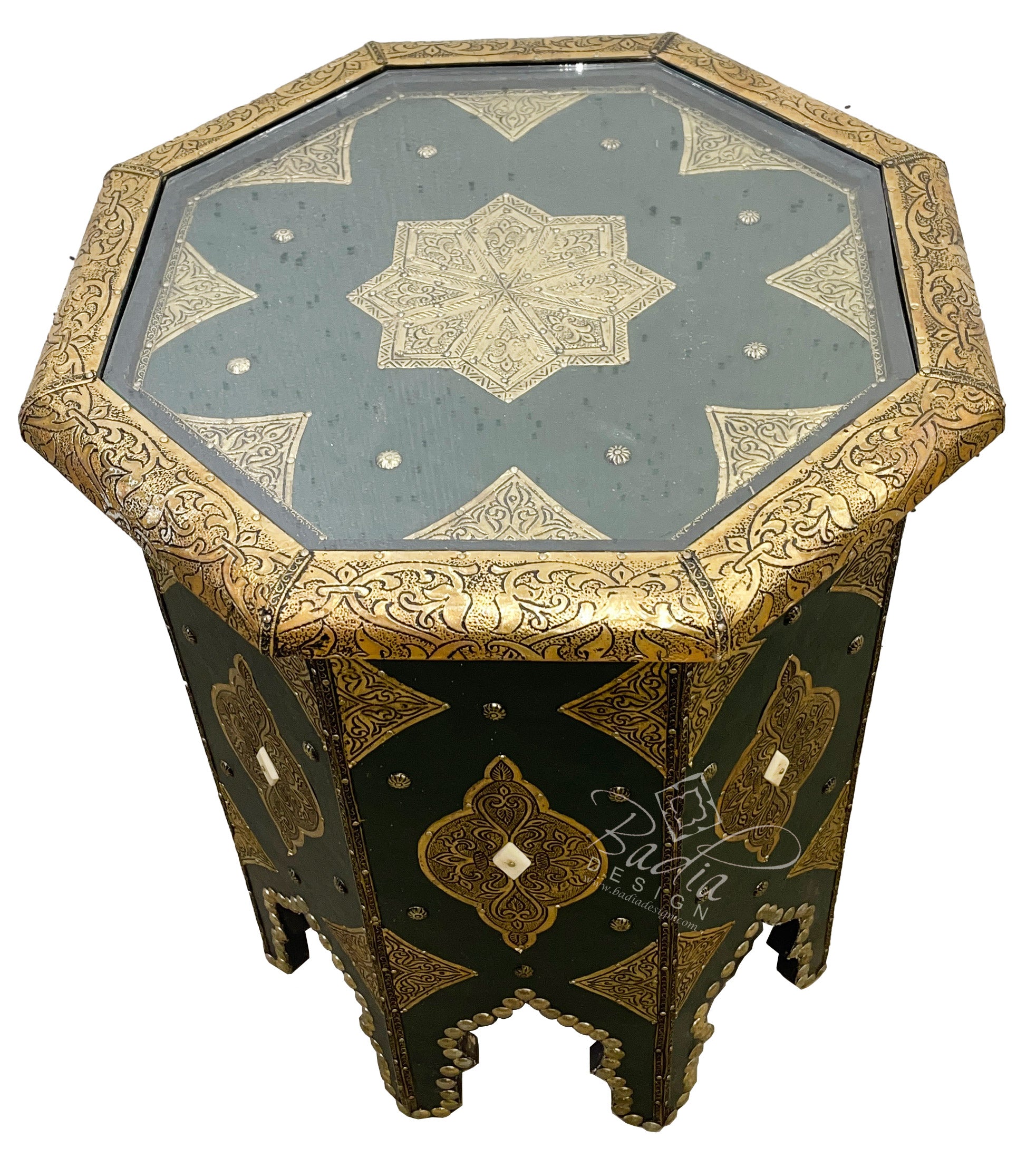 Octogonal Embossed Brass and Green Leather Side Table