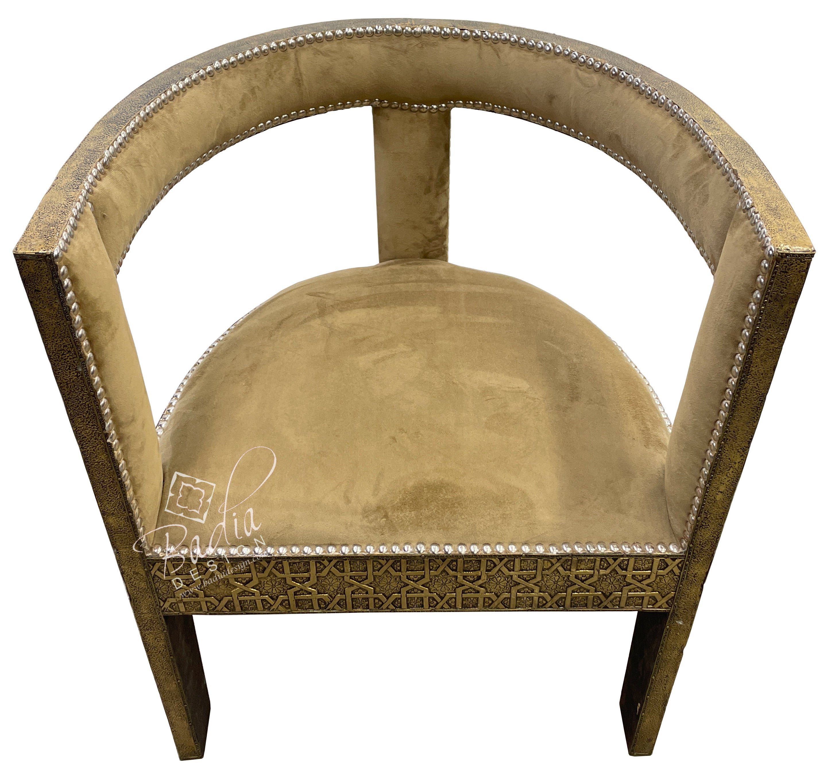 Embossed Brass Chair with Beige Velvet Seat