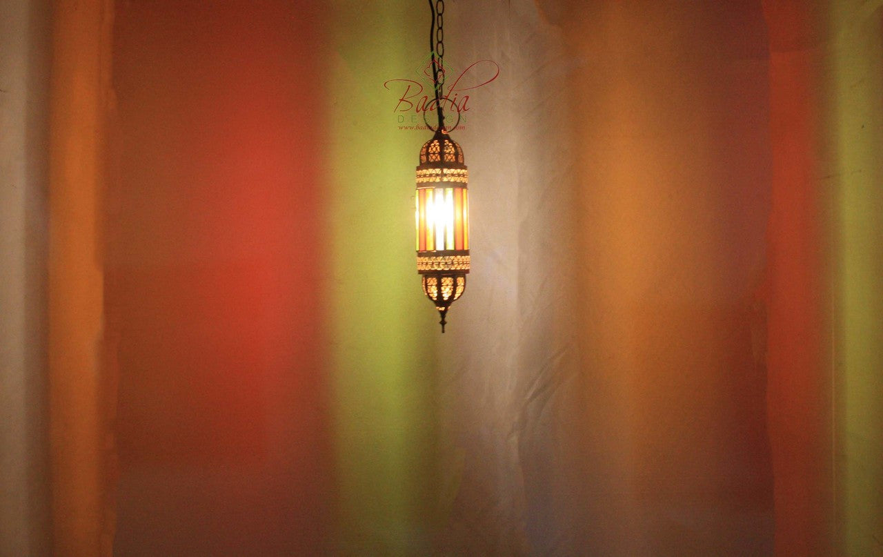 Hanging Brass Lantern with Multi Color Glass