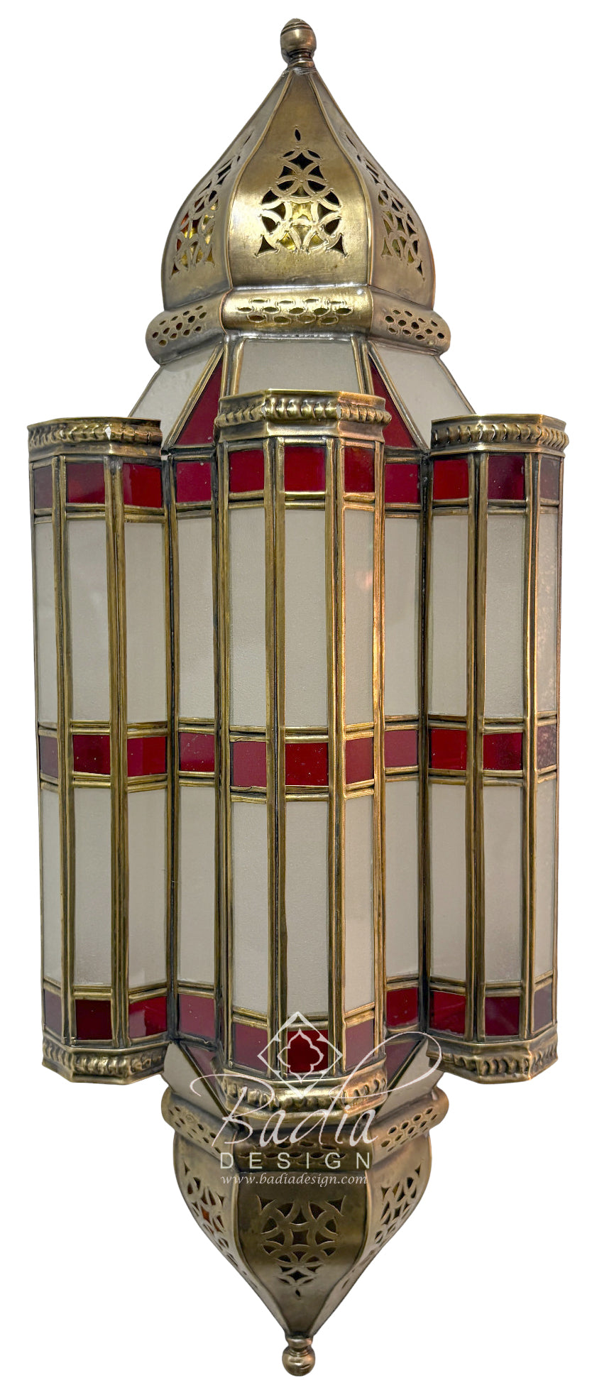Moroccan Brass Wall Sconce with White and Red Glass Panels