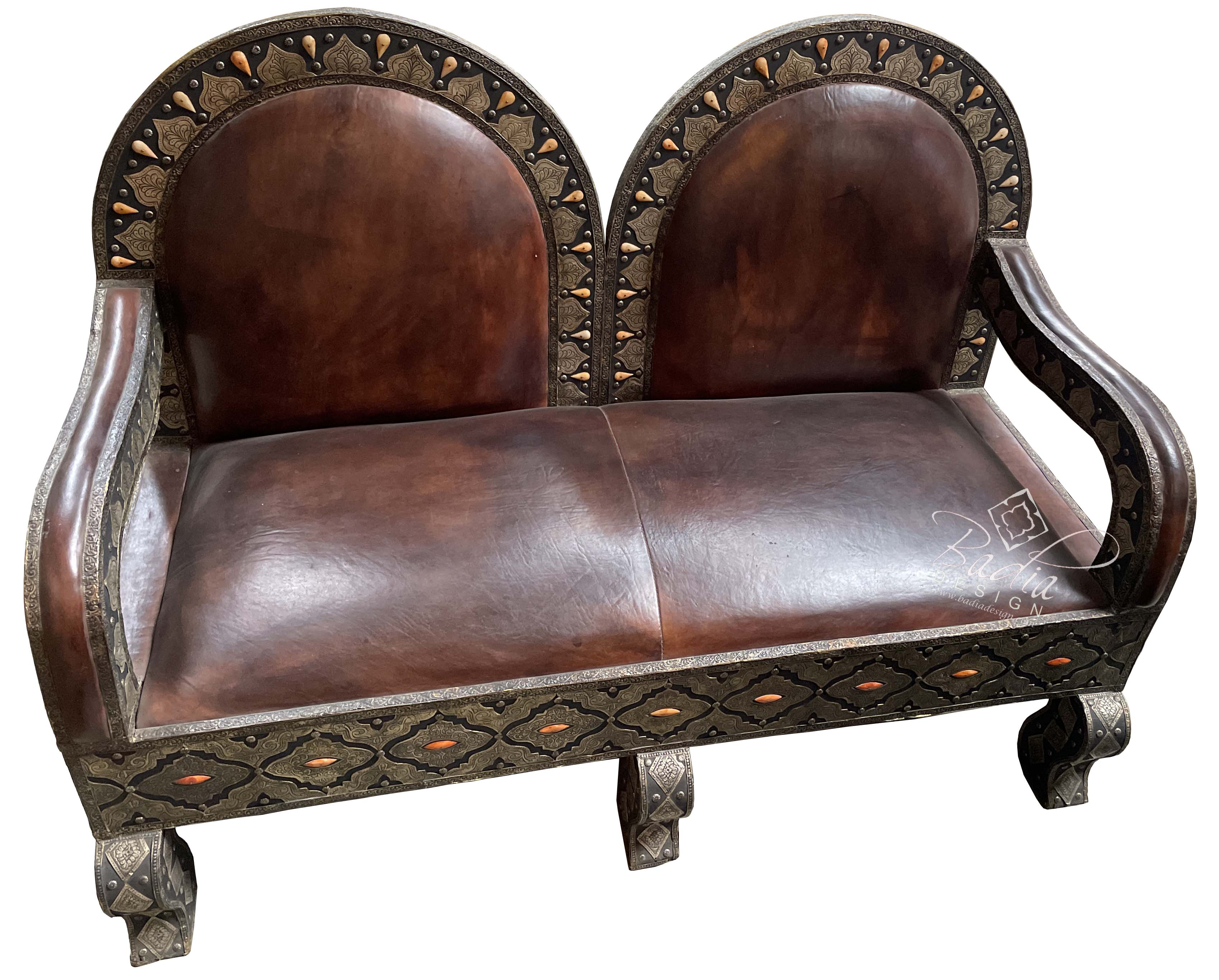 Moroccan Embossed Metal Bench with Leather Seat