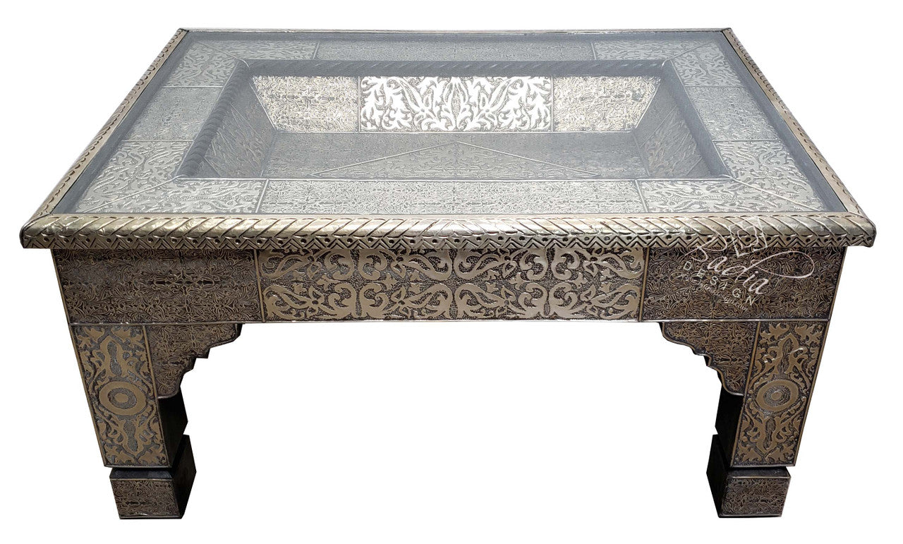 Carved Cedar Embossed Metal Table with Glass Top