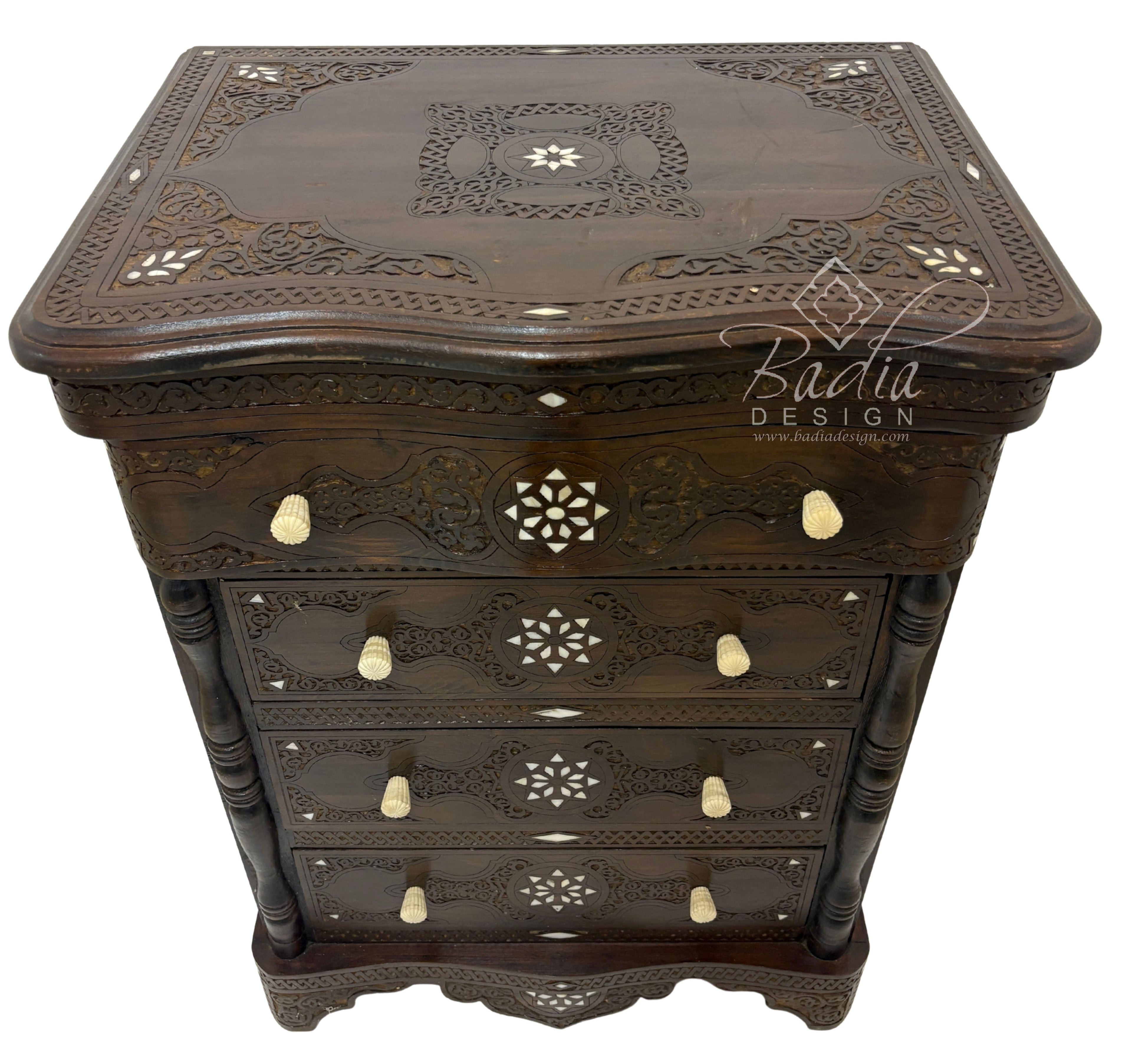 Carved Wood Bone Inlay Dark Stained Dresser