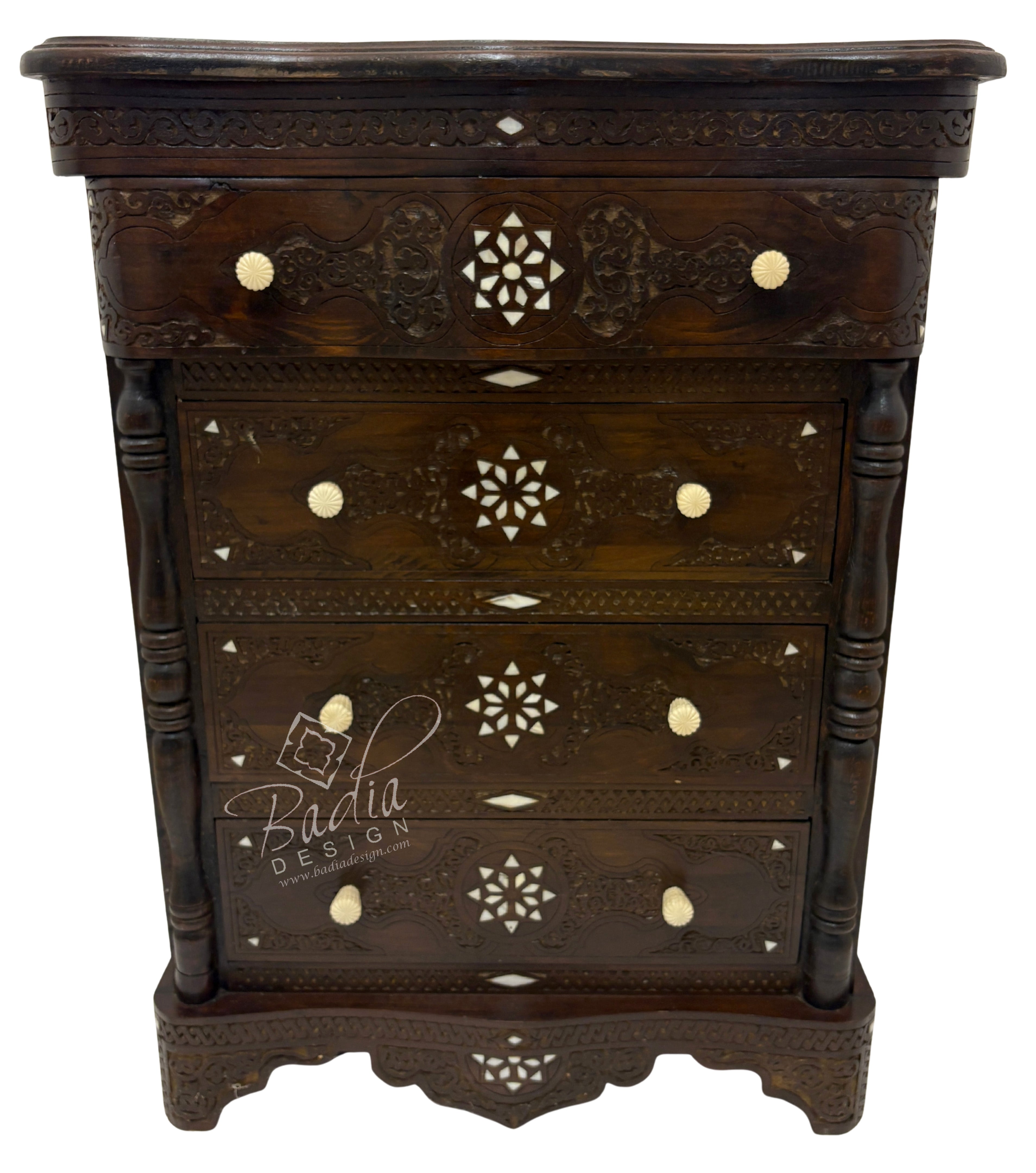 Carved Wood Bone Inlay Dark Stained Dresser