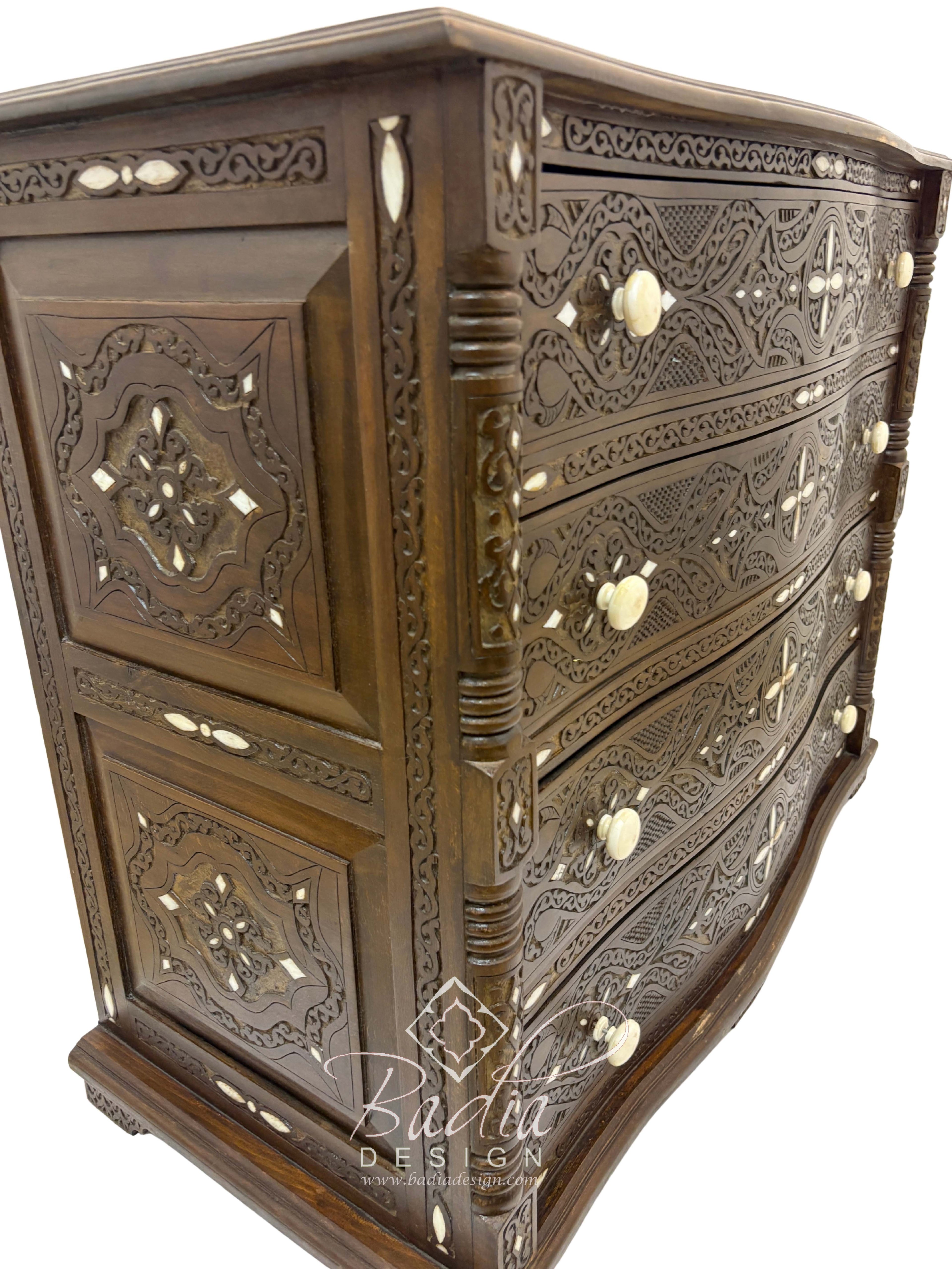 Large Carved Wood Bone Inlay Dark Stained Dresser