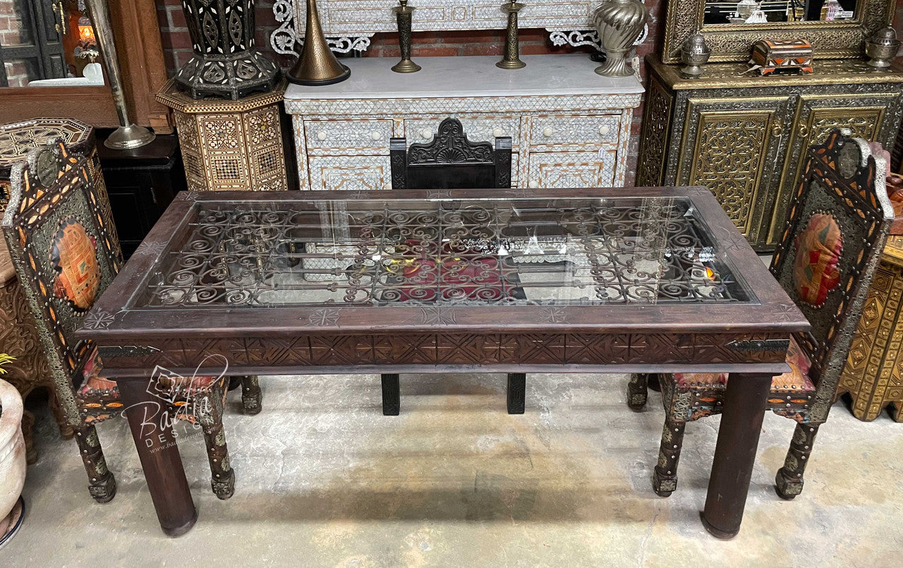 Carved Wood Dining Table with Wrought Iron Design