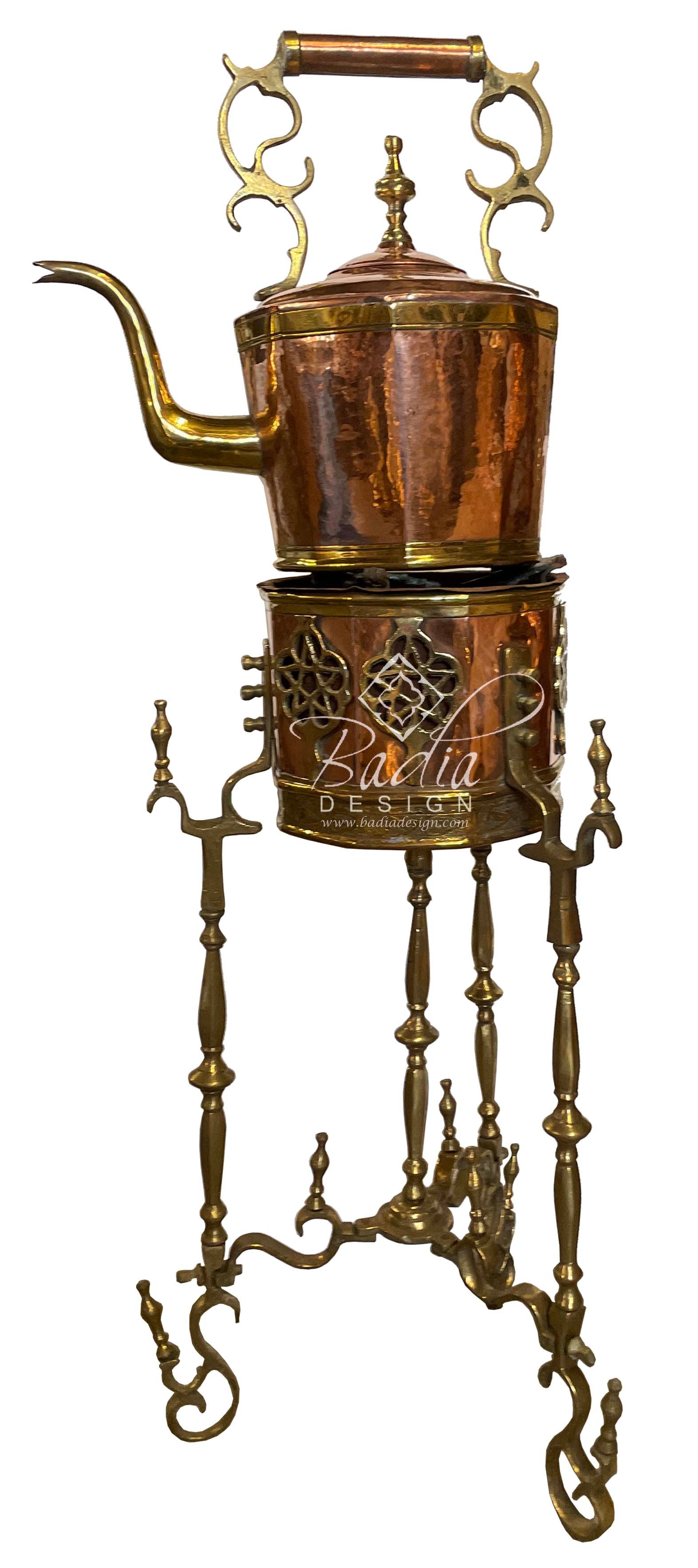 Moroccan Copper Tea Kettle with Tall Wrought Iron Stand