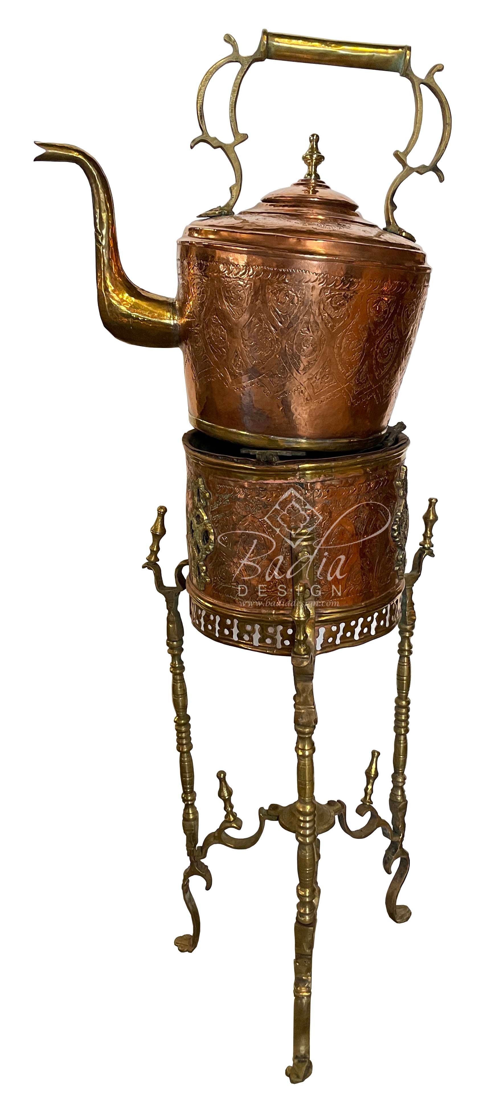 Moroccan Copper Tea Kettle with Tall Wrought Iron Stand