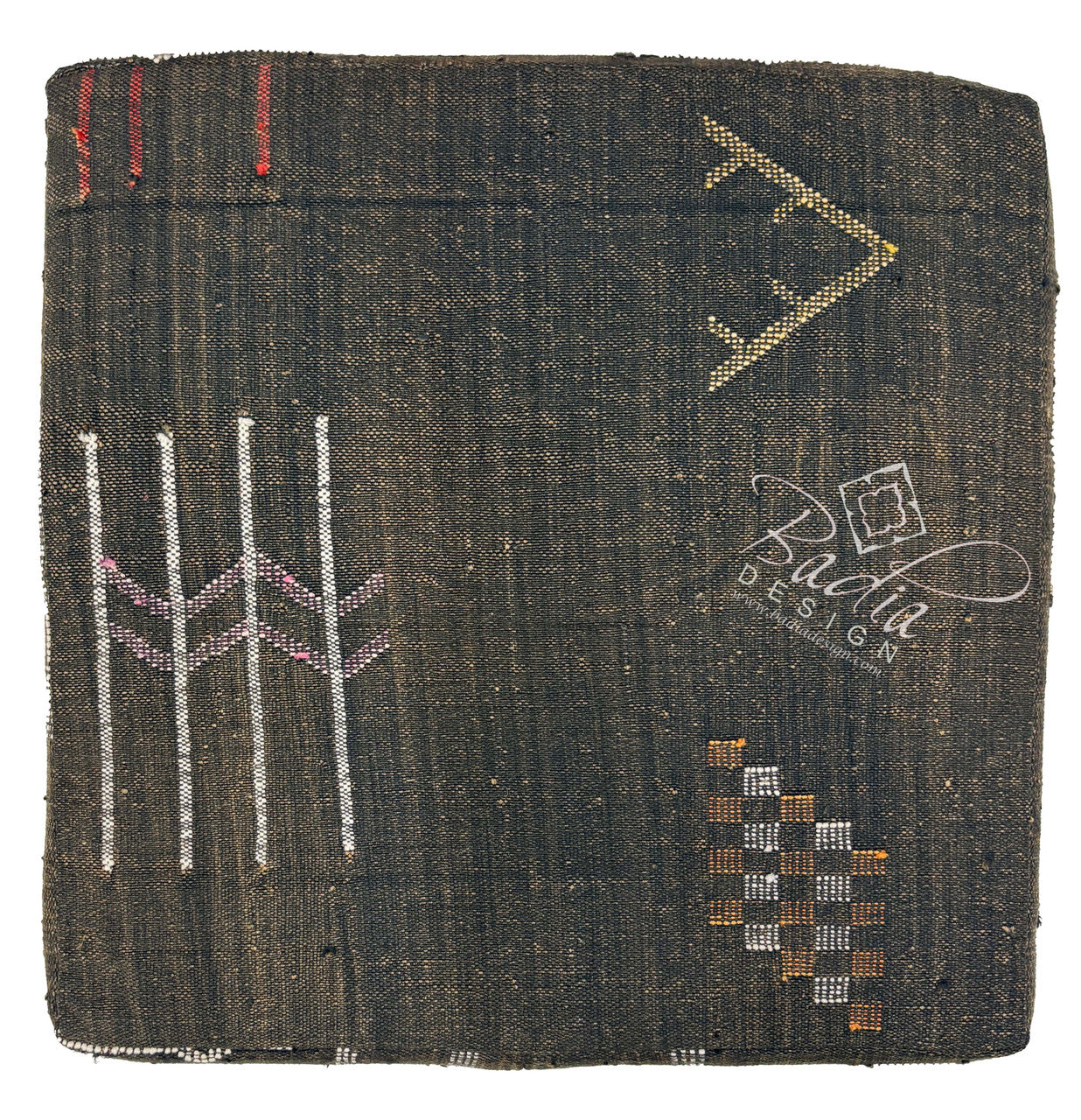 Dark Brown Kilim Floor Cushion with Geometric Accents