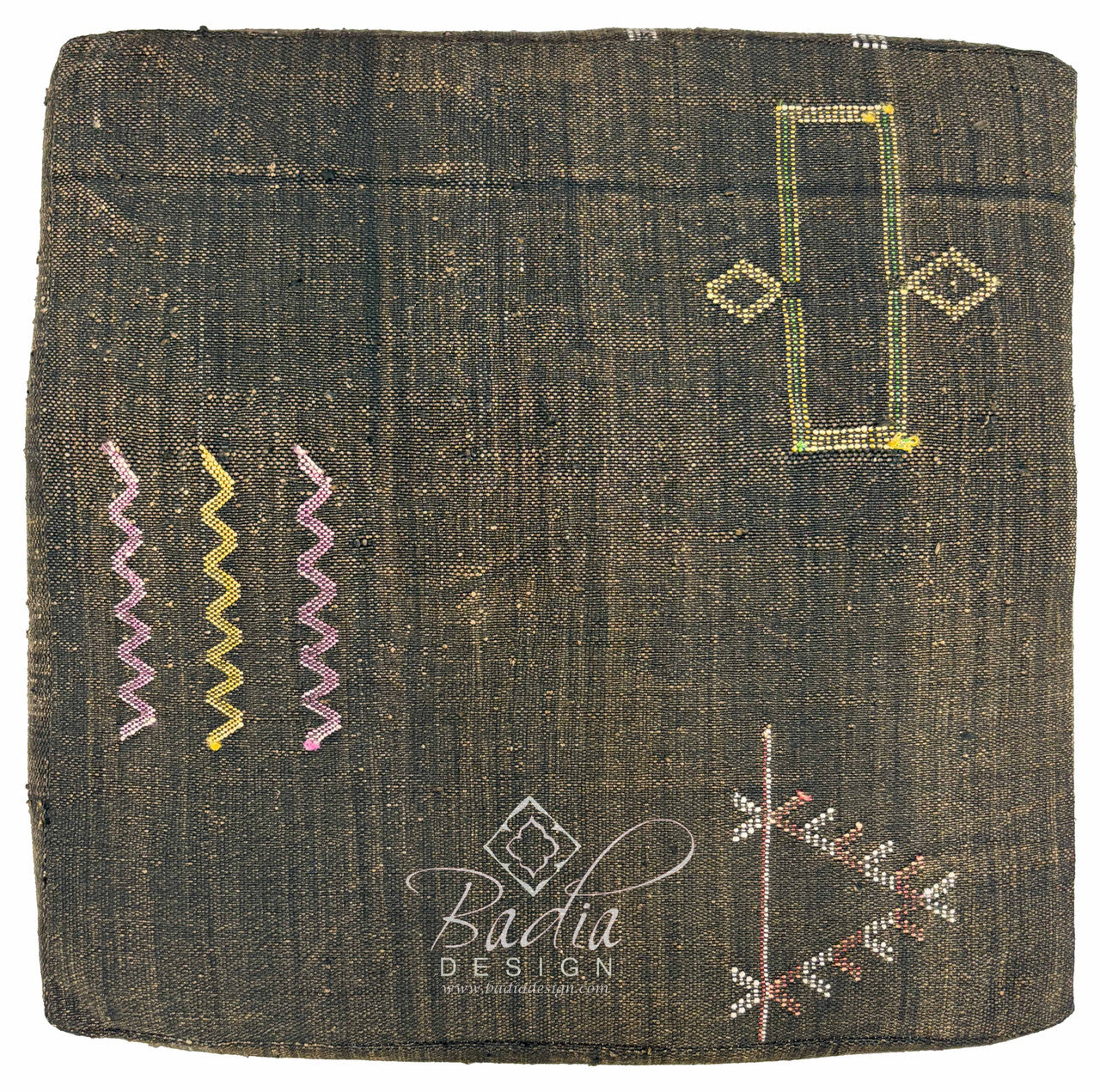 Dark Brown Kilim Floor Cushion with Geometric Accents