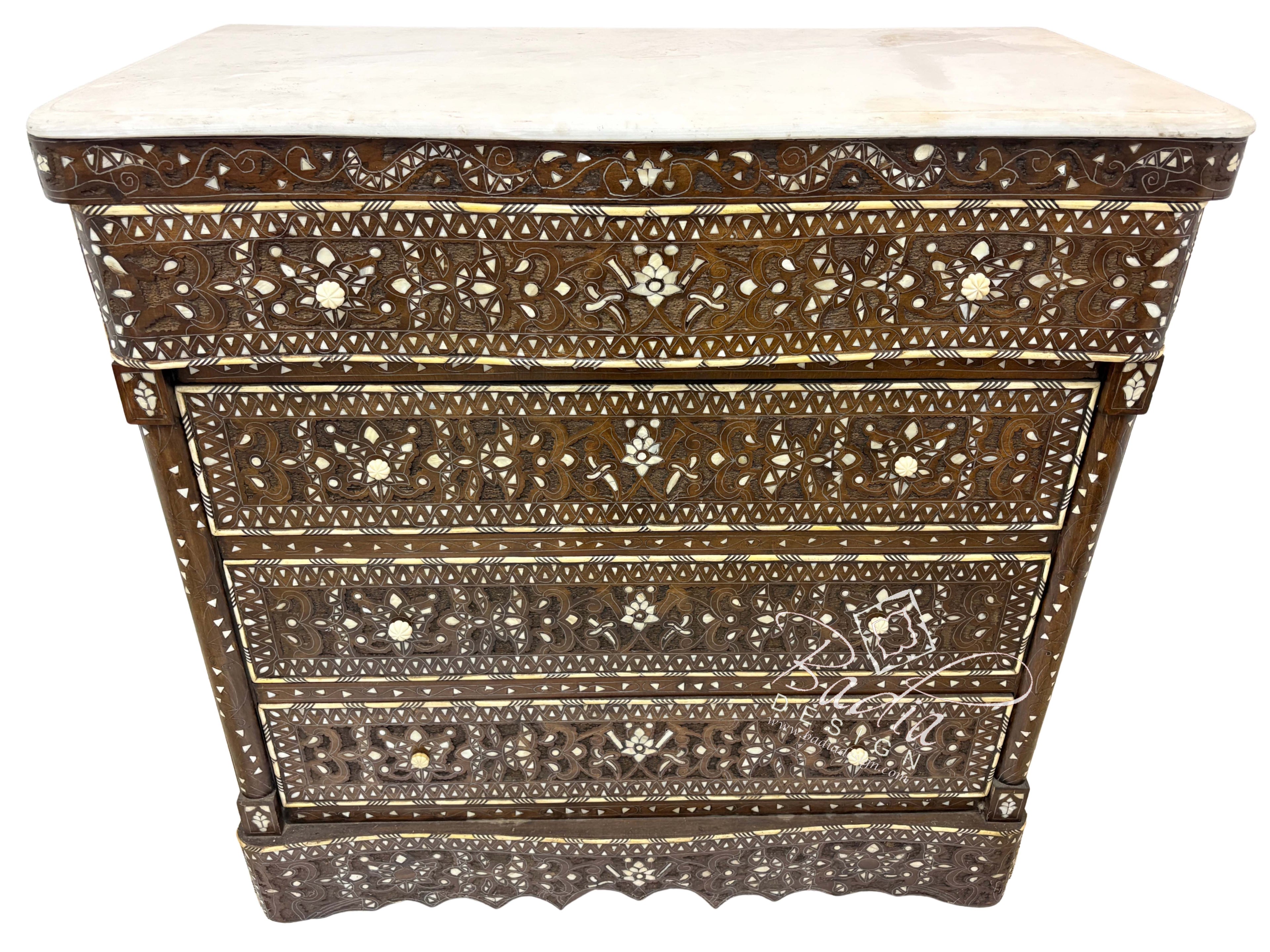 White Mother of Pearl Inlay Dresser with Four Drawers