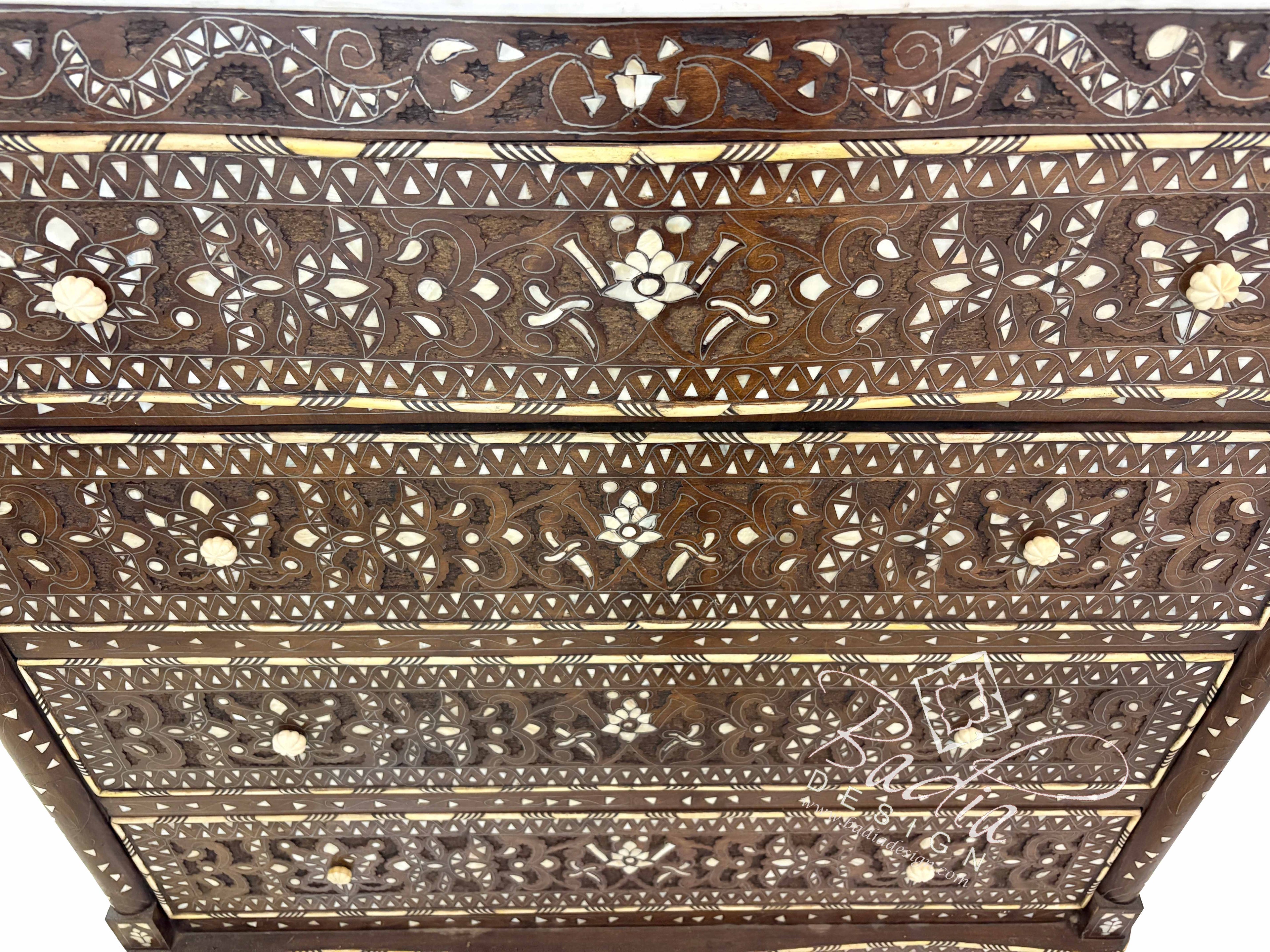 White Mother of Pearl Inlay Dresser with Four Drawers