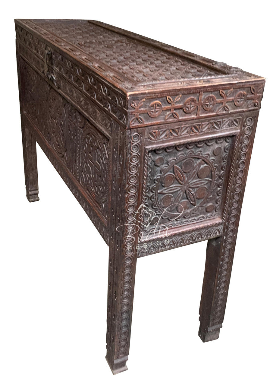 Dark Stained Hand Carved Wood Trunk