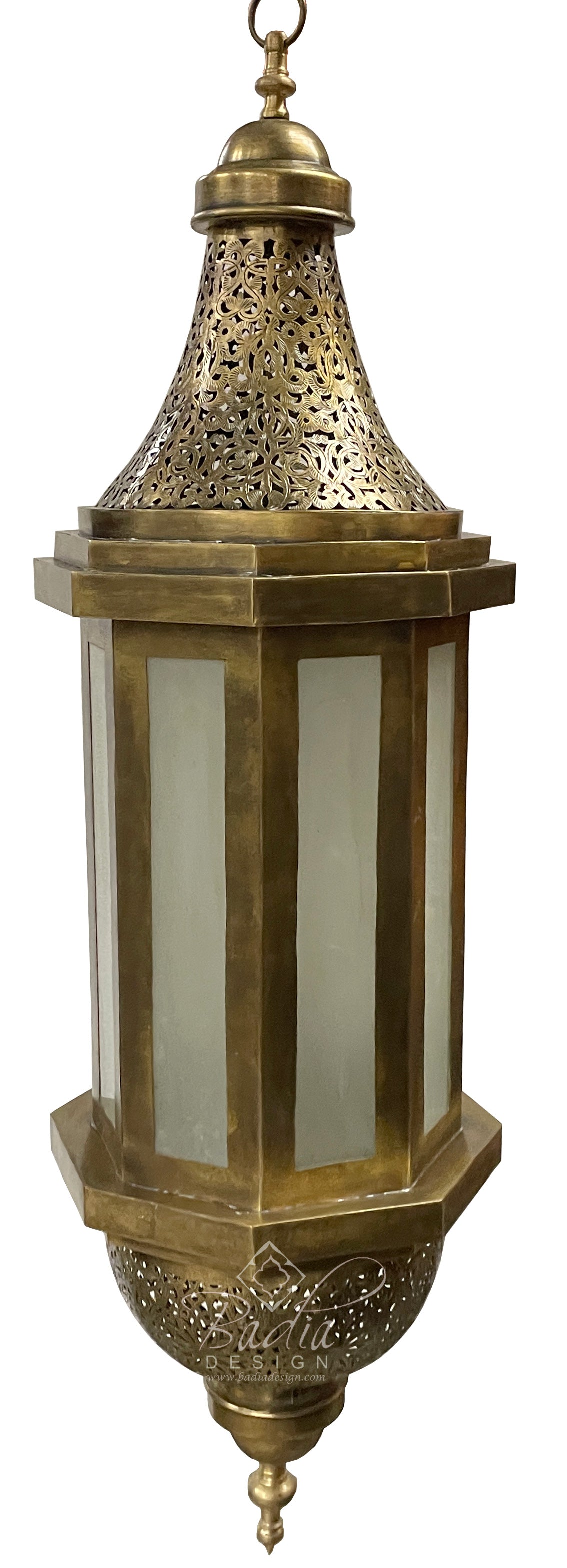 Tall Hanging Moroccan Brass Lantern with White Glass