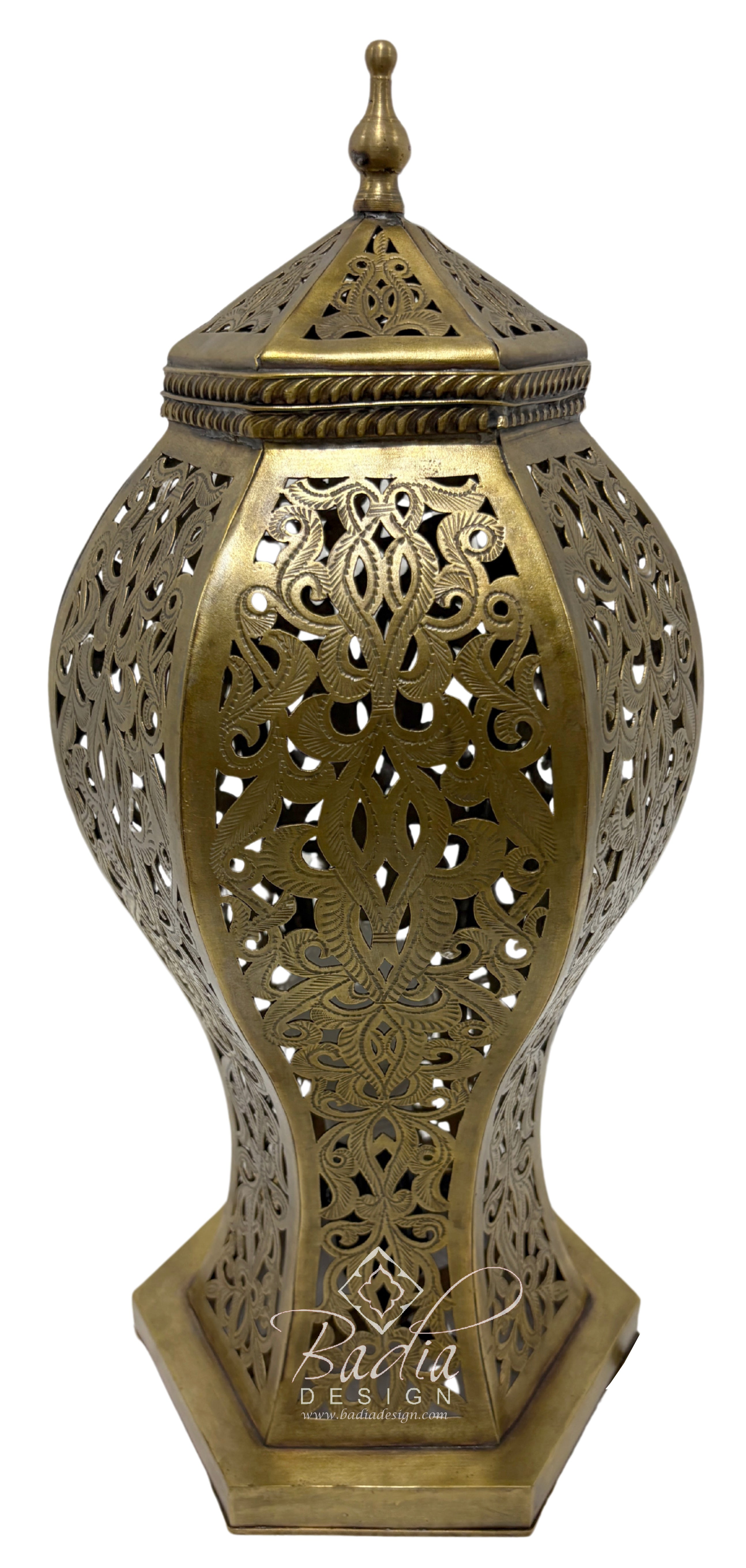 Hexagonal Brass Lantern with Intricate Floral Cutouts