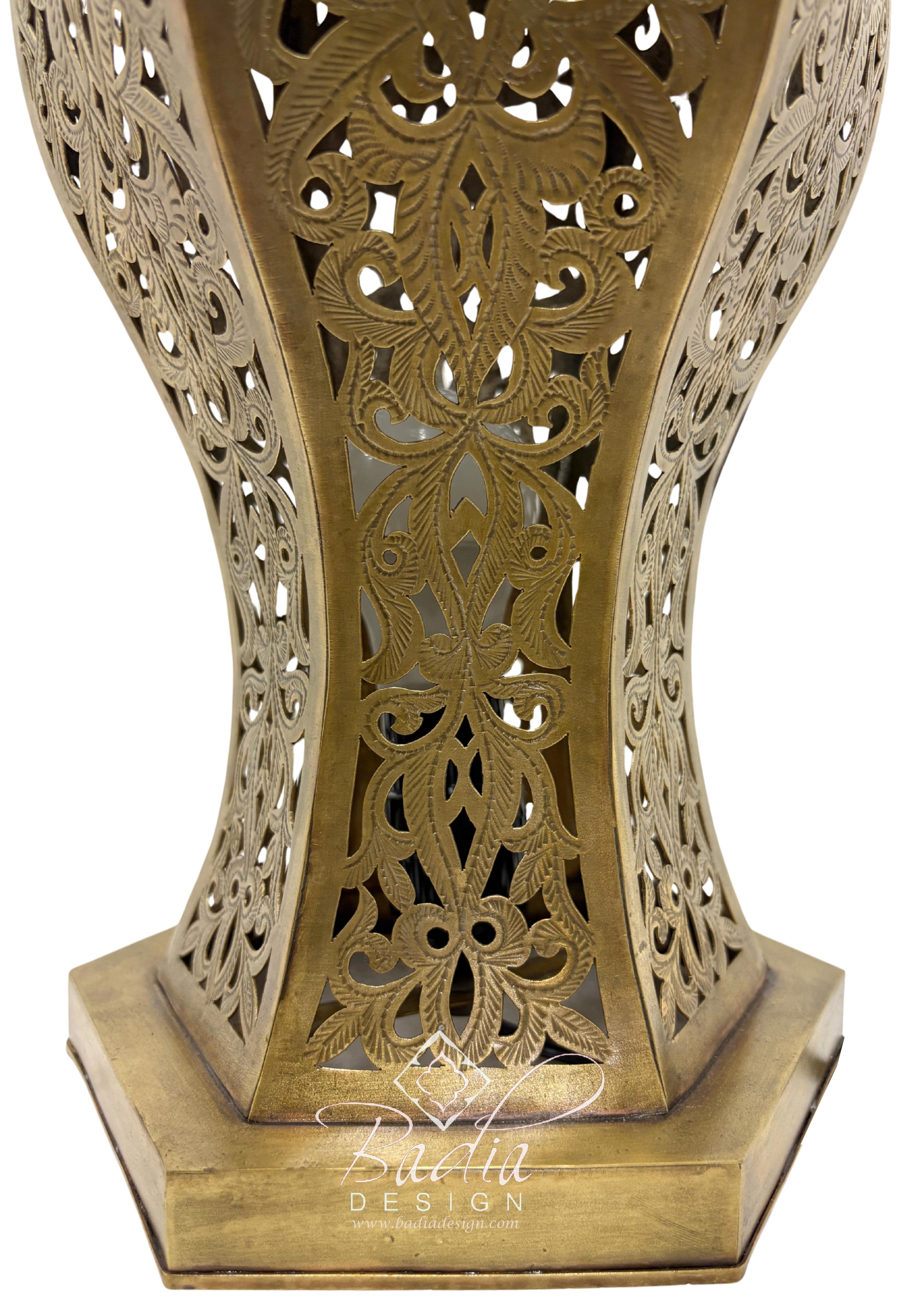 Hexagonal Brass Lantern with Intricate Floral Cutouts
