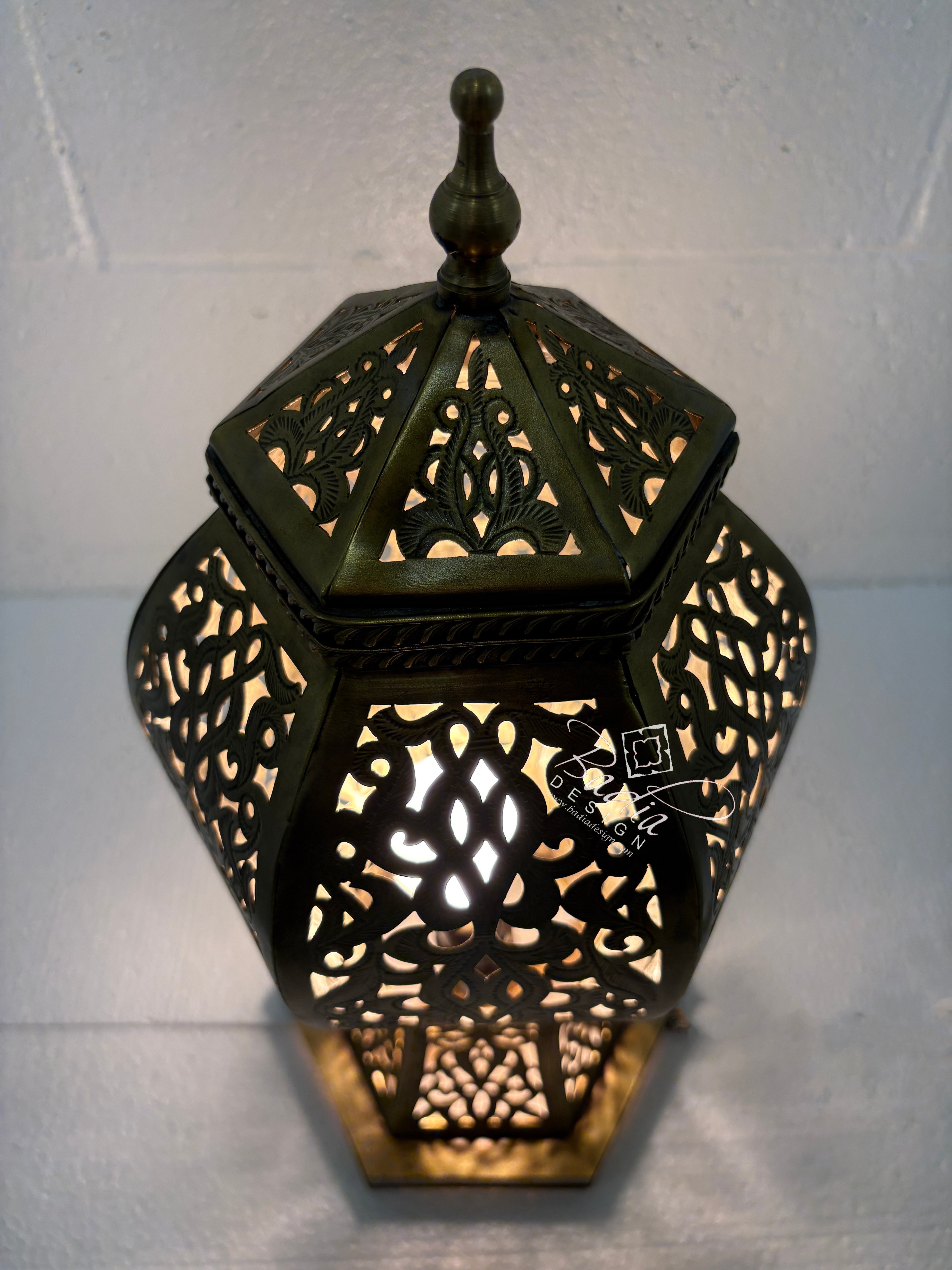 Hexagonal Brass Lantern with Intricate Floral Cutouts