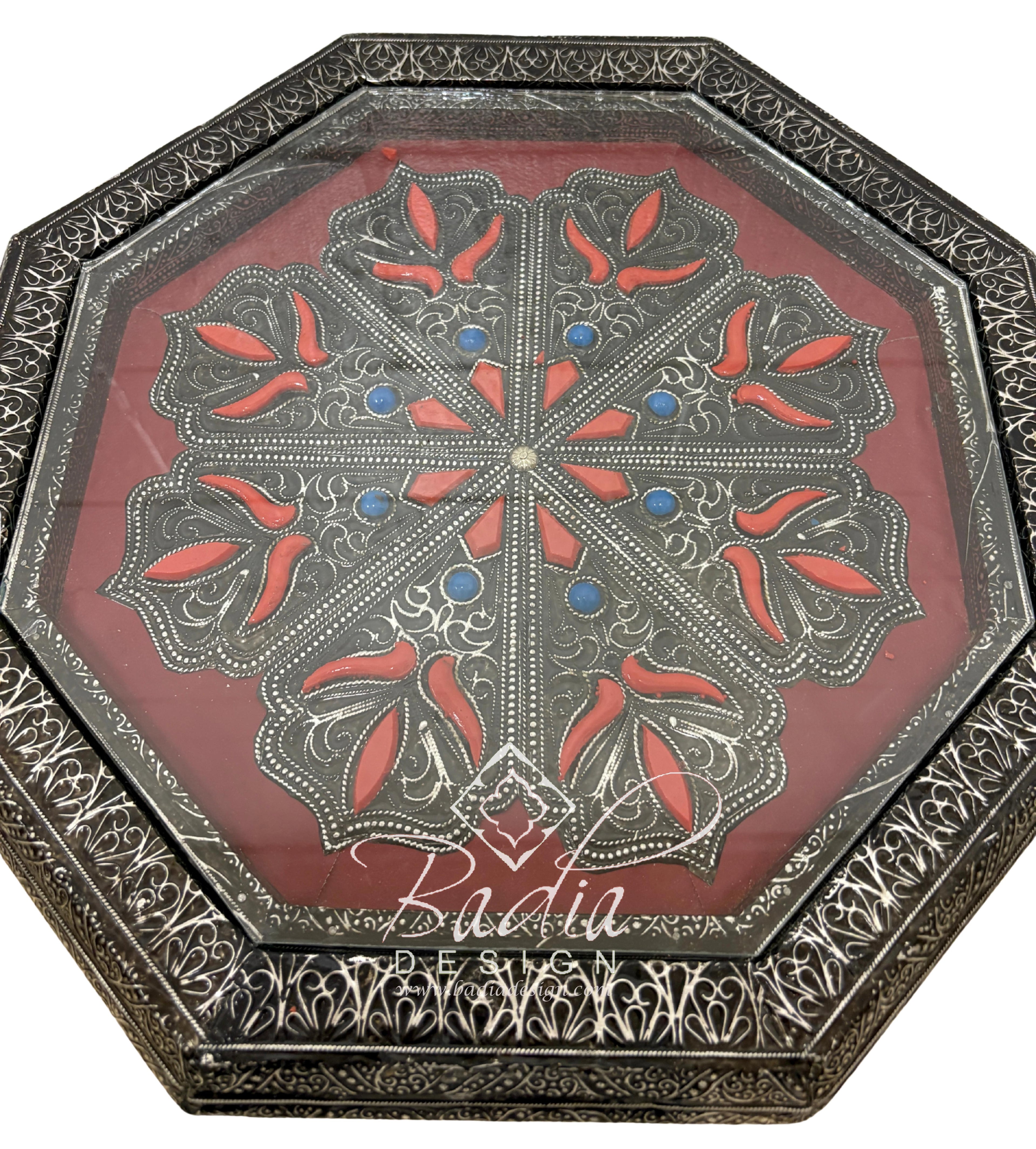 Octagon Shaped Metal and Bone Side Table with Glass Top