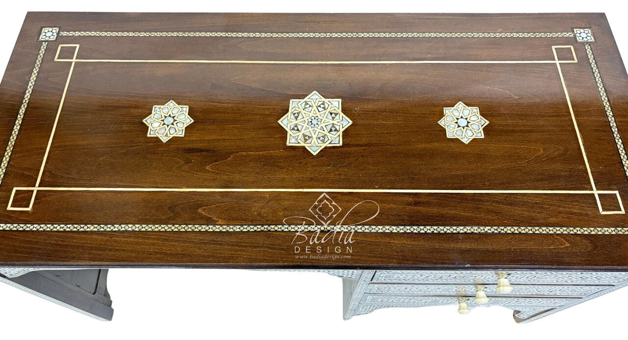 Hand Carved Cedar Mother of Pearl Bone Inlay Executive Desk