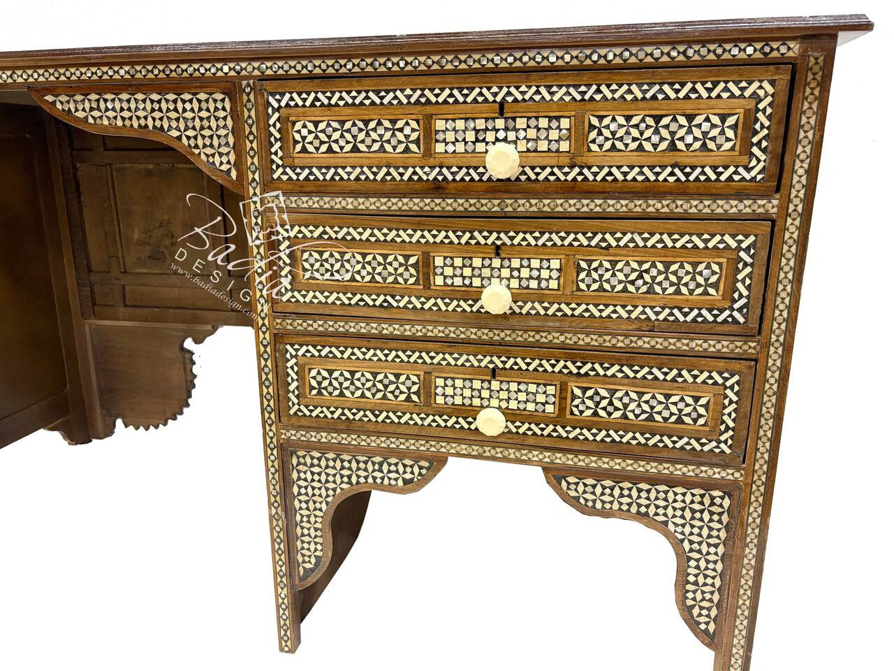 Hand Carved Cedar Mother of Pearl Bone Inlay Executive Desk