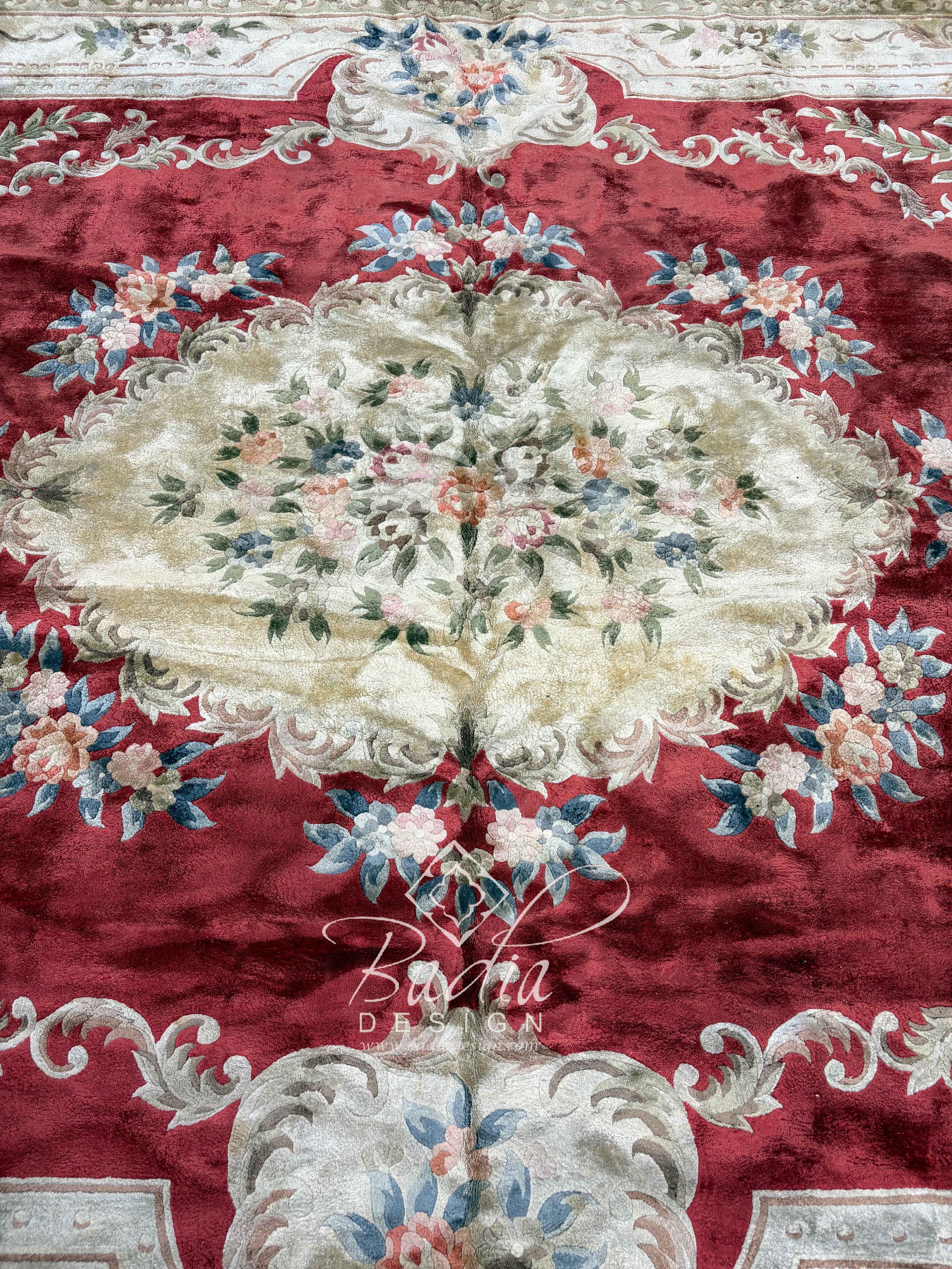 Moroccan Deep Red Rug Bordered by Cream Color Tones