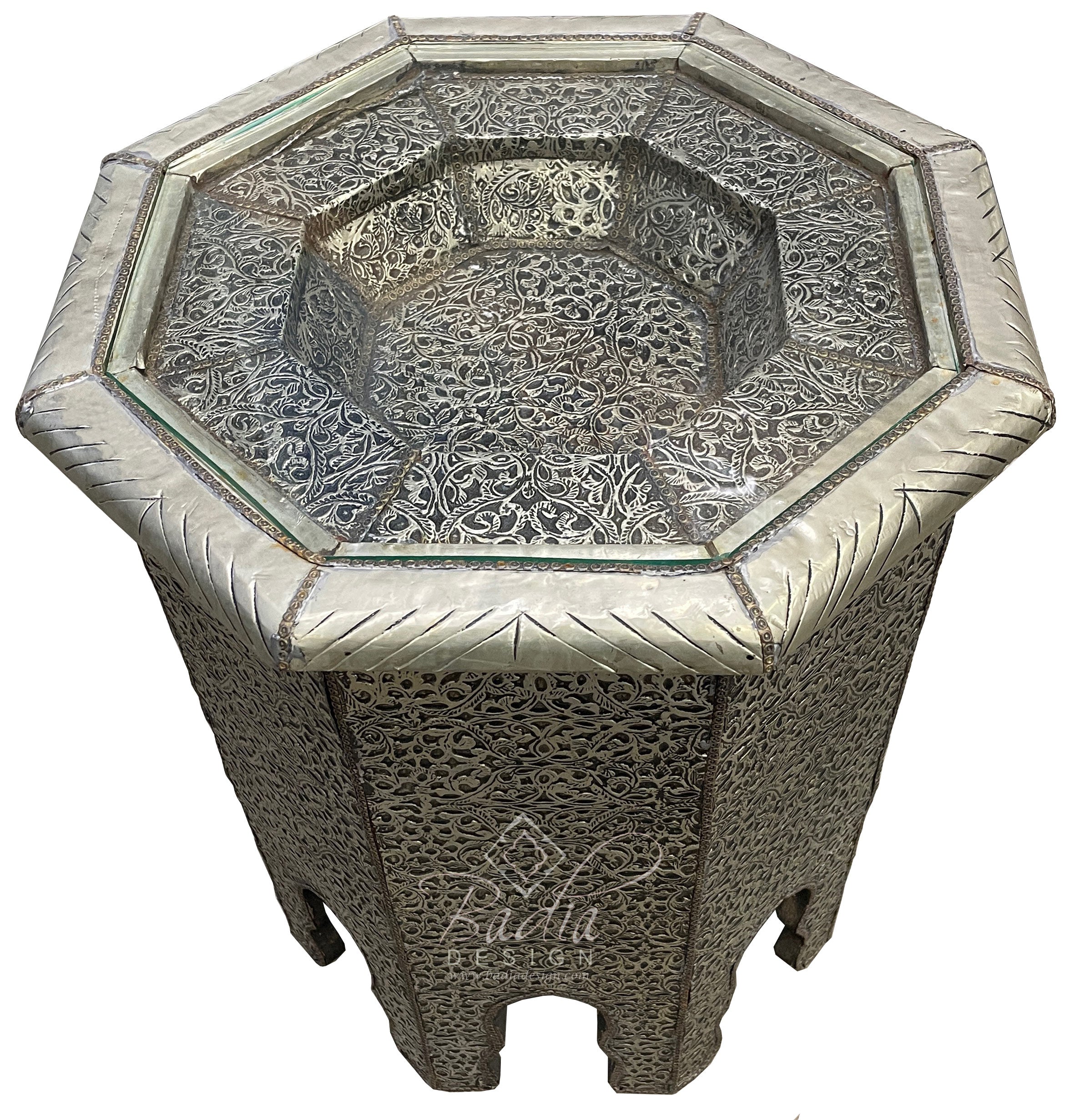 Hand Carved Silver Embossed Nickel Table with Glass Top
