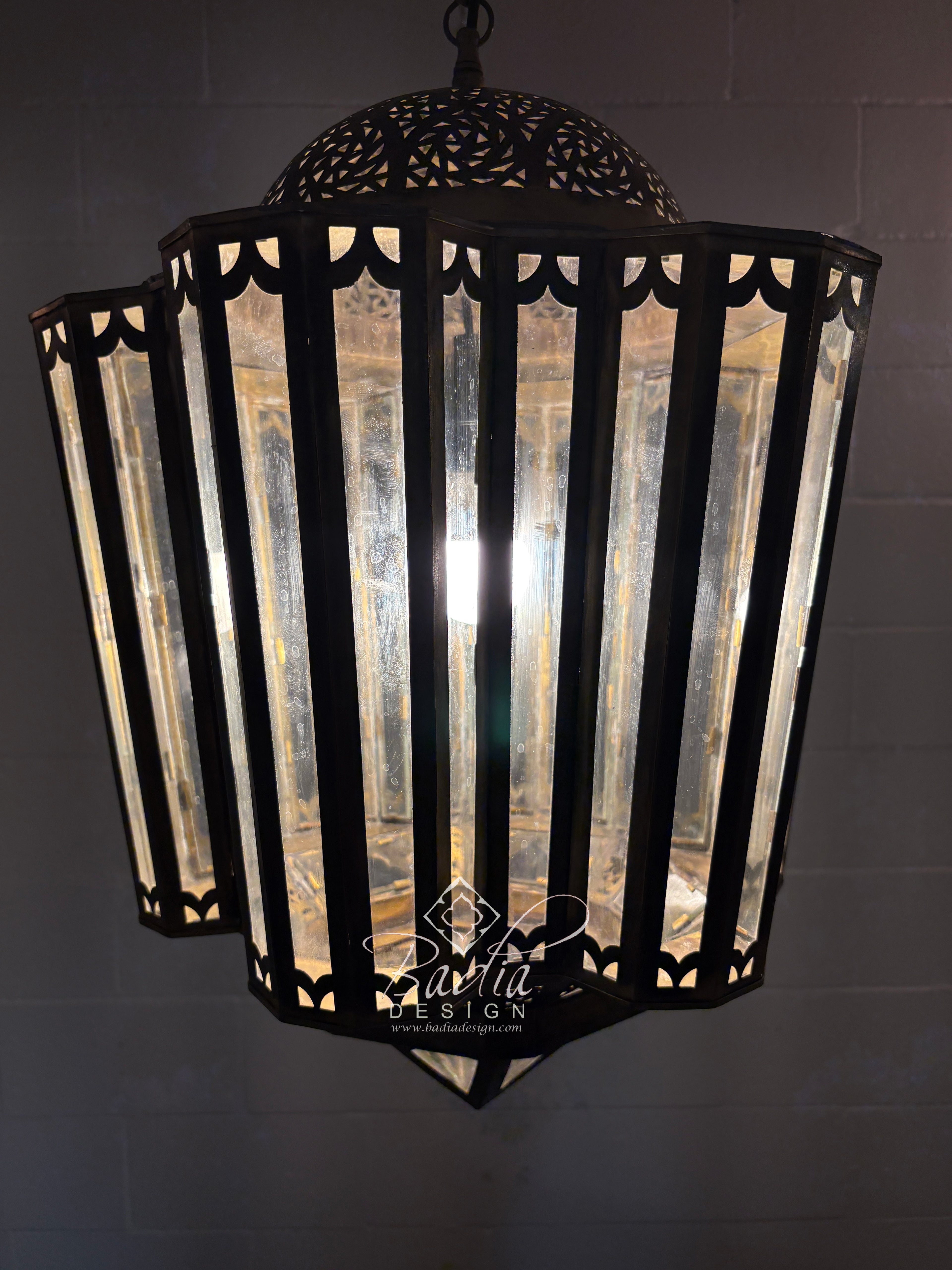 Moroccan Polygonal Brass and Glass Chandeliers