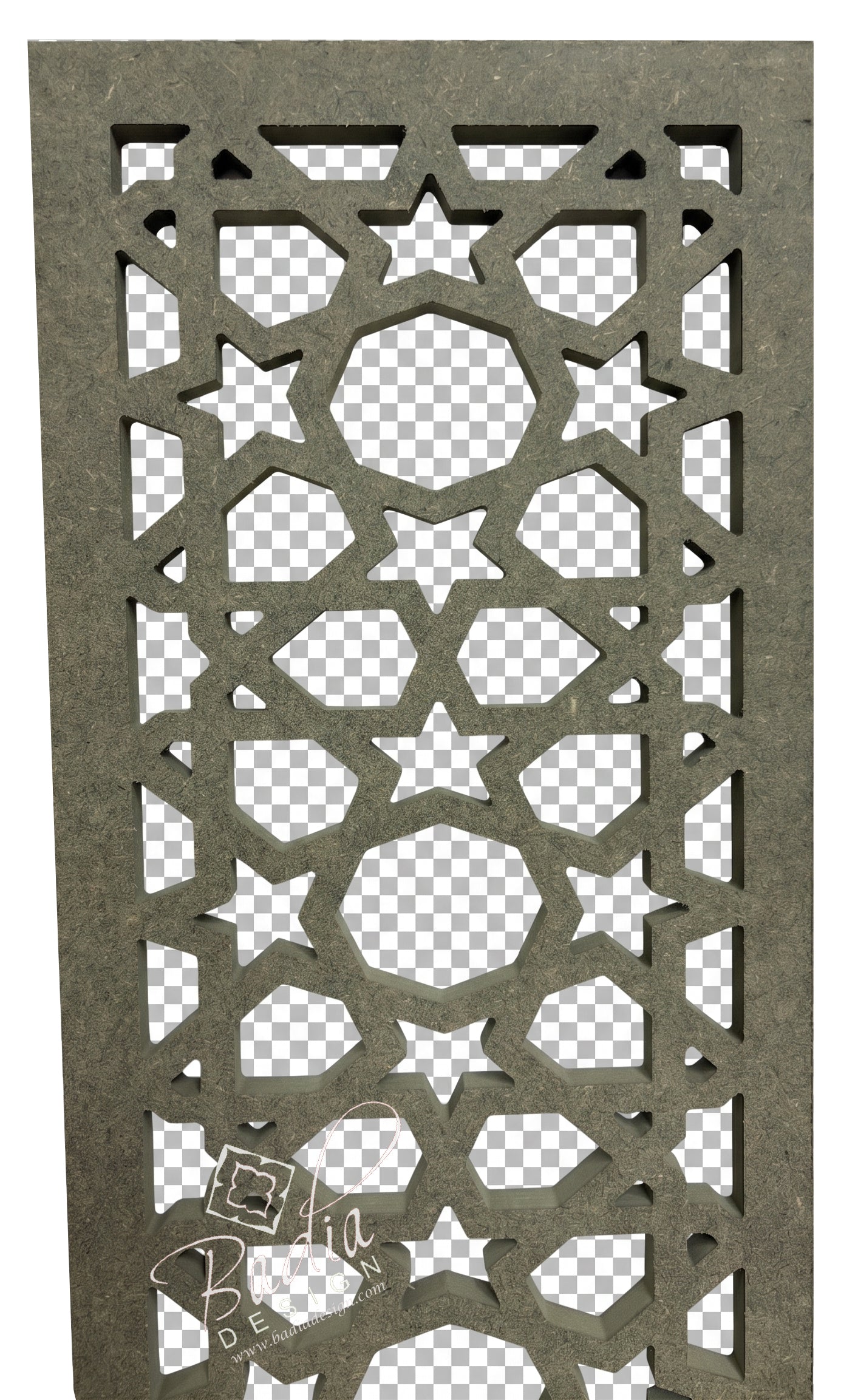 Decorative wooden screen with geometric cut-out patterns on a transparent background