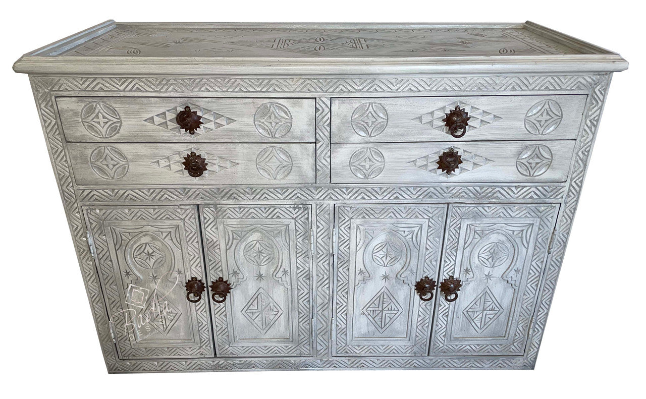 Grey Hand Painted Carved Wood Cabinet