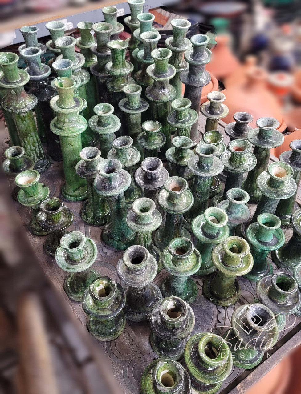 Green Hand Sculpted Glazed Tamegroute Candle Holders